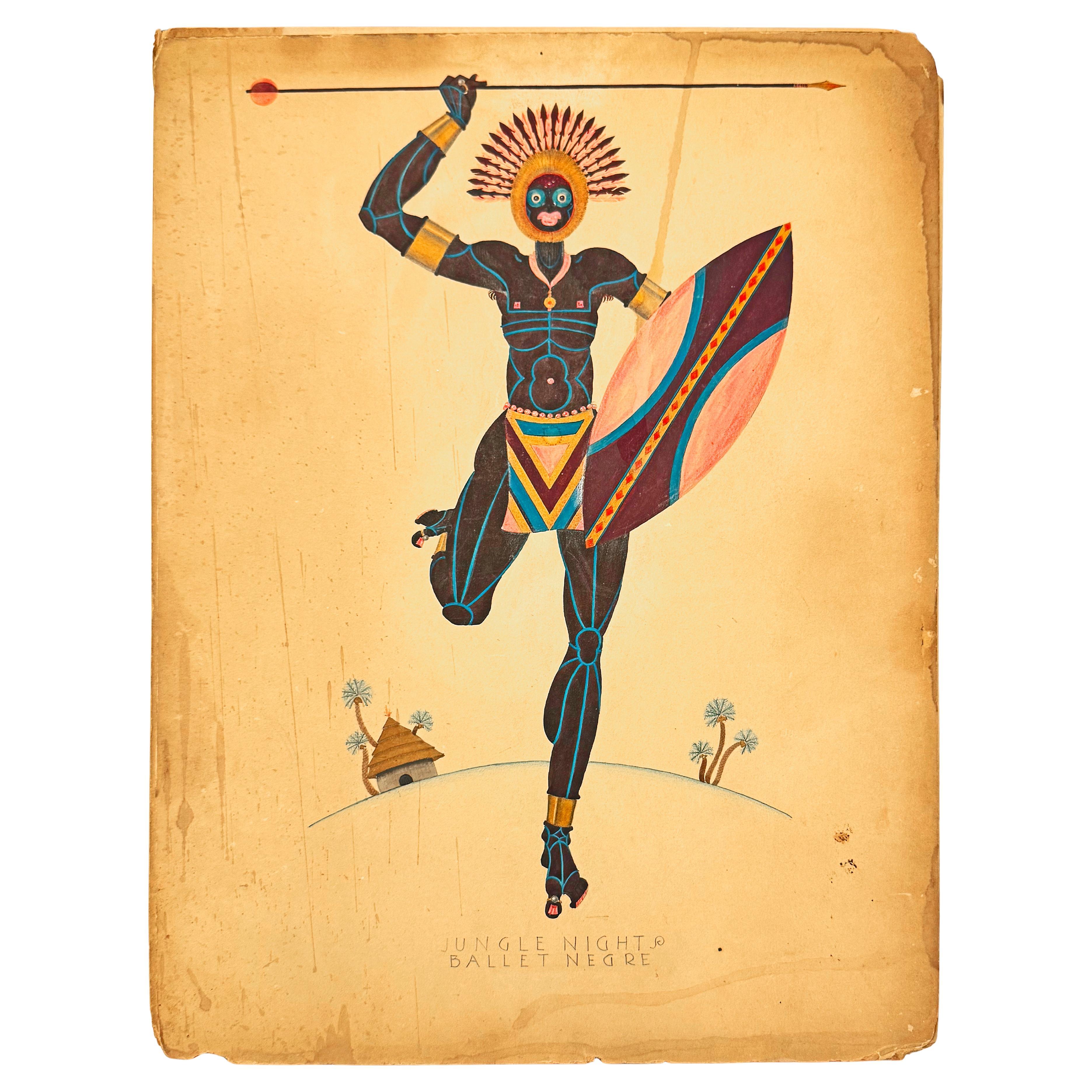 "African Warrior", Important Costume Painting for Ballet Négre, Black Dance Co.