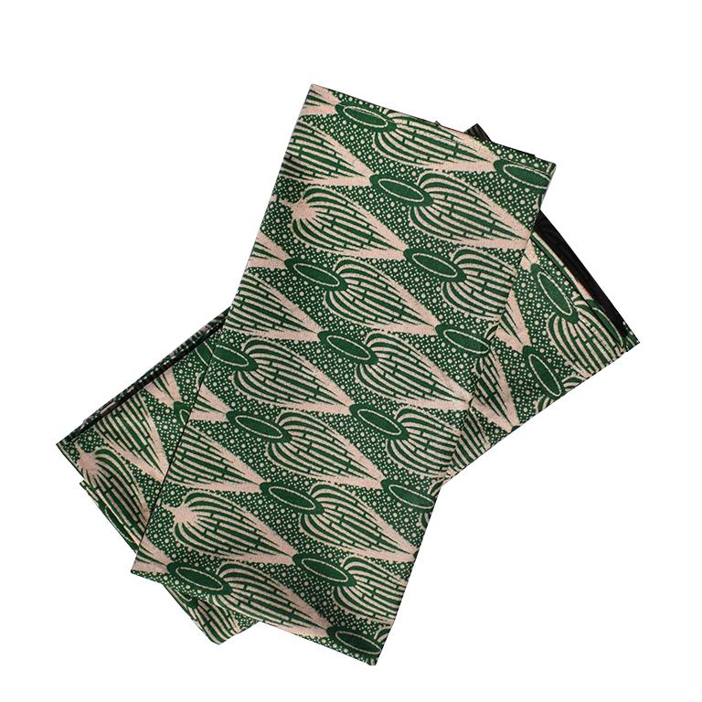 Beautiful handmade green and cream wax cloth dinner napkins. Sold as a set of 4, this set is the perfect way to add interest to a dining room or tablescape. Sizing is 20