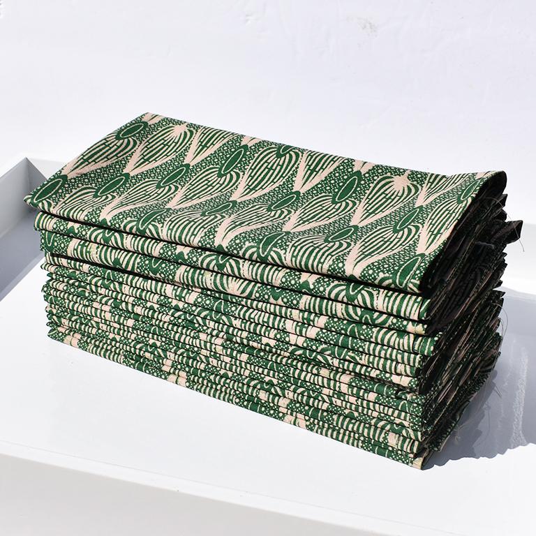 Senegalese African Wax Formal Cloth Dinner Napkins in Green Block Print, Set of 4