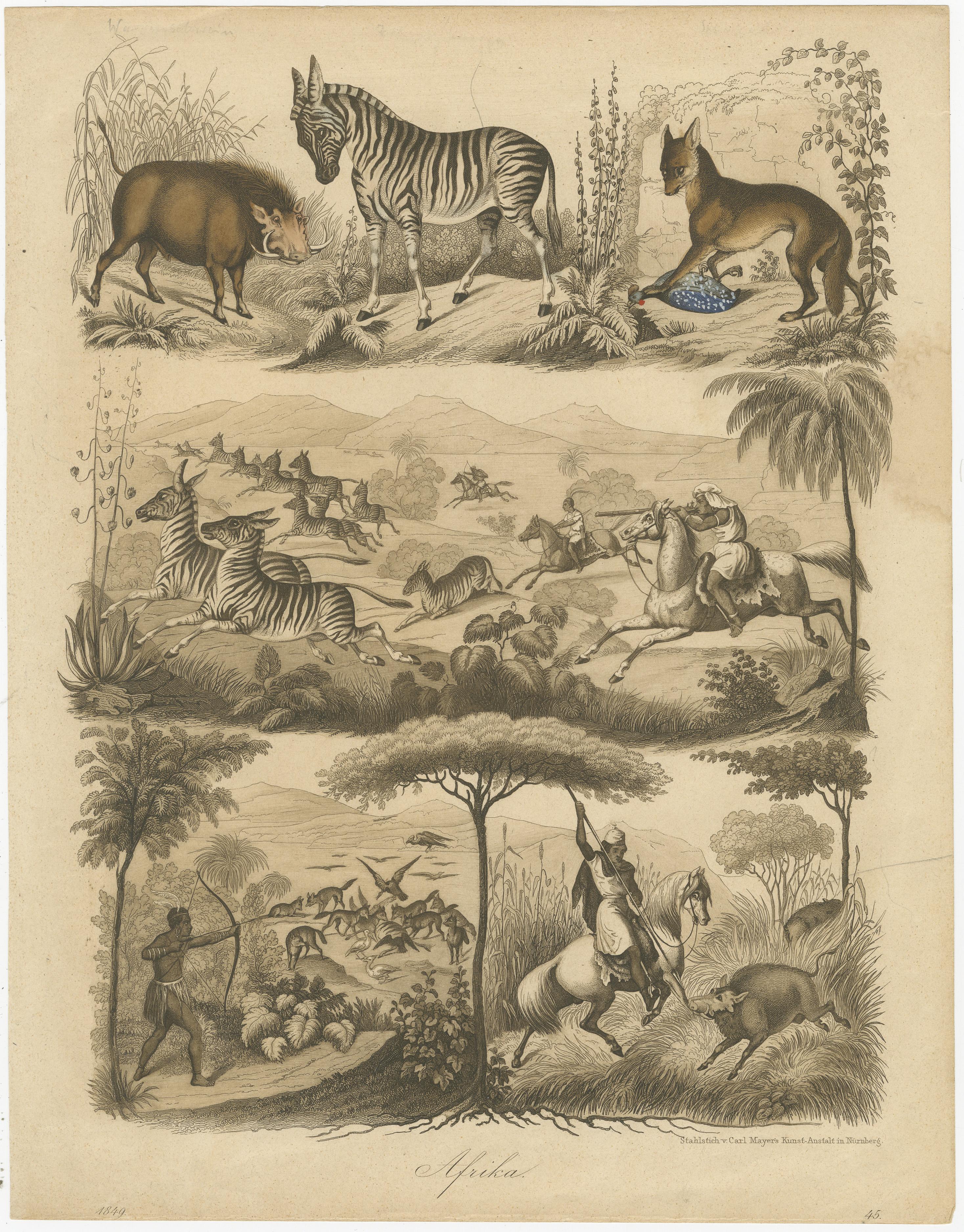 African Wildlife and Hunting Scene – Antique German Engraving, c.1840

Description:
This striking antique engraving titled “Afrika” depicts a vivid tripartite composition portraying African wildlife and traditional hunting scenes. At the top are