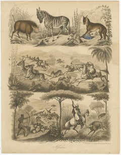 African Wildlife and Hunting Scene – Antique German Engraving, c.1840