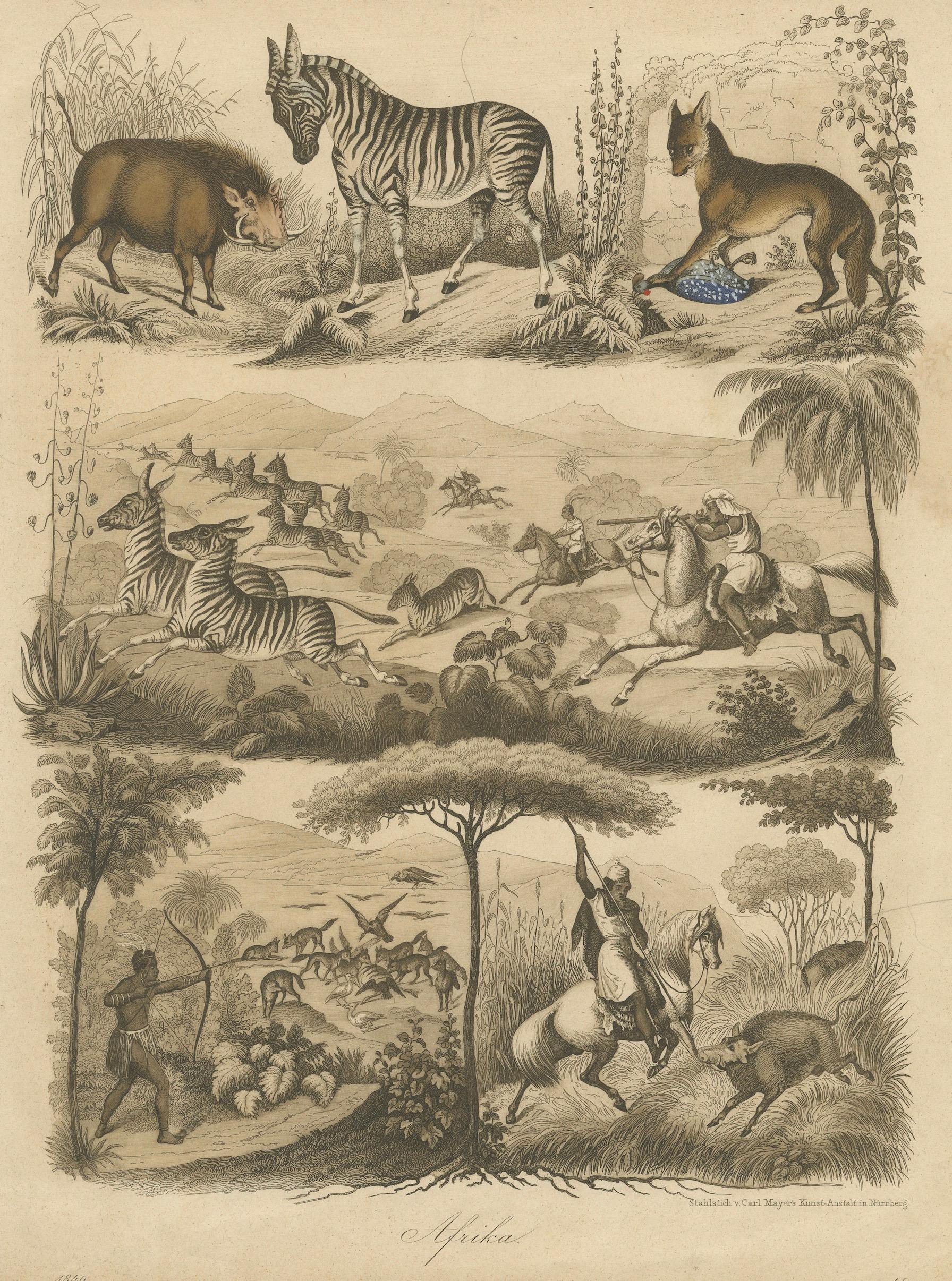 Engraved African Wildlife and Hunting Scene – Antique German Engraving, c.1840 For Sale
