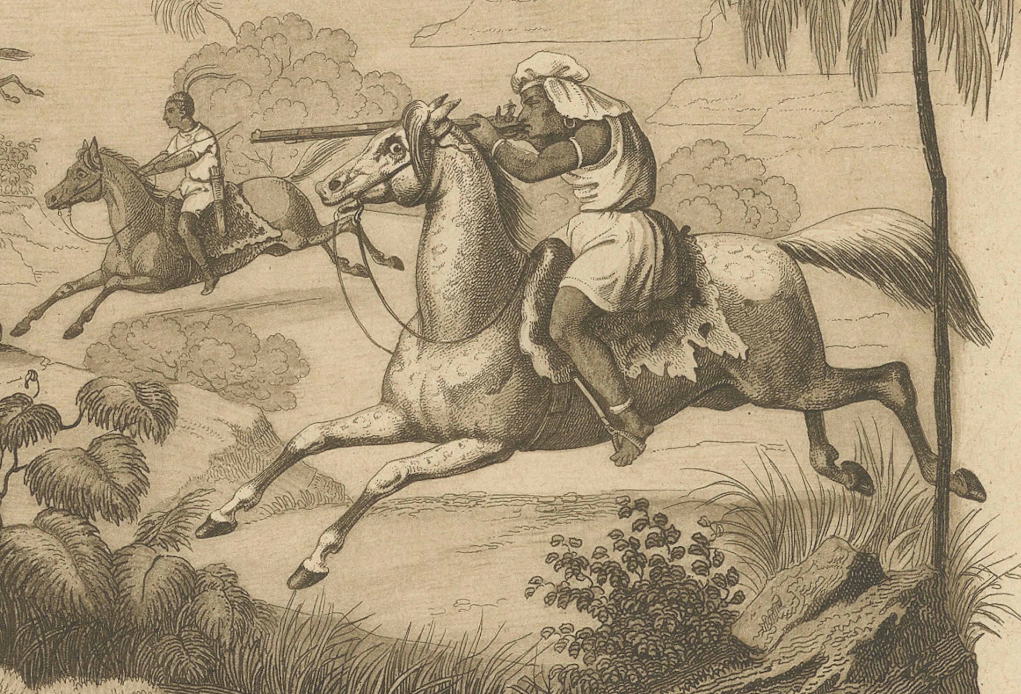 African Wildlife and Hunting Scene – Antique German Engraving, c.1840 For Sale 1