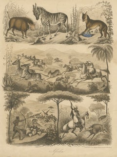 African Wildlife and Hunting Scene – Antique German Engraving, c.1840
