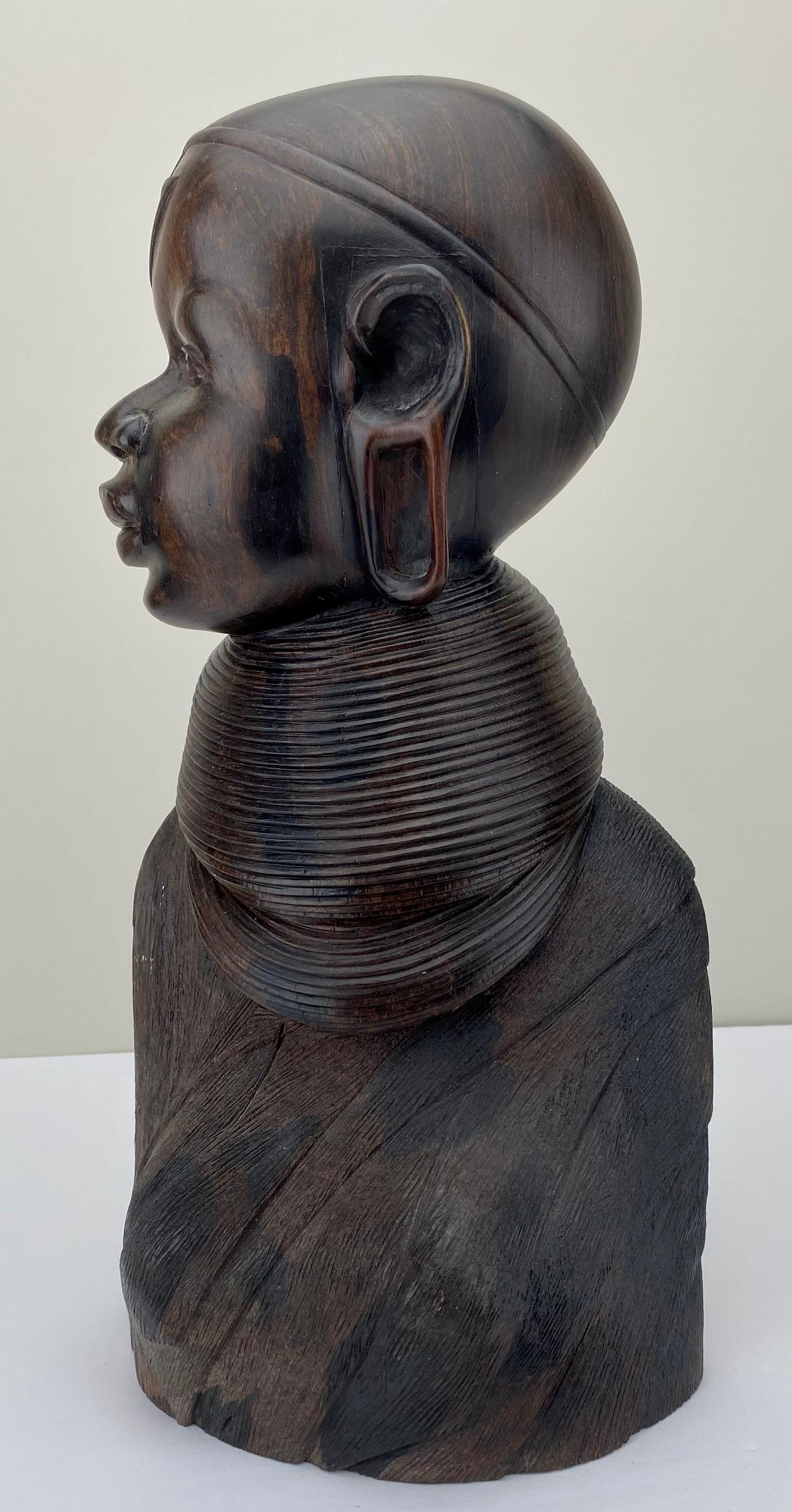 African Woman Bust Hand-Carved Ebony Wooden Sculpture  For Sale 1