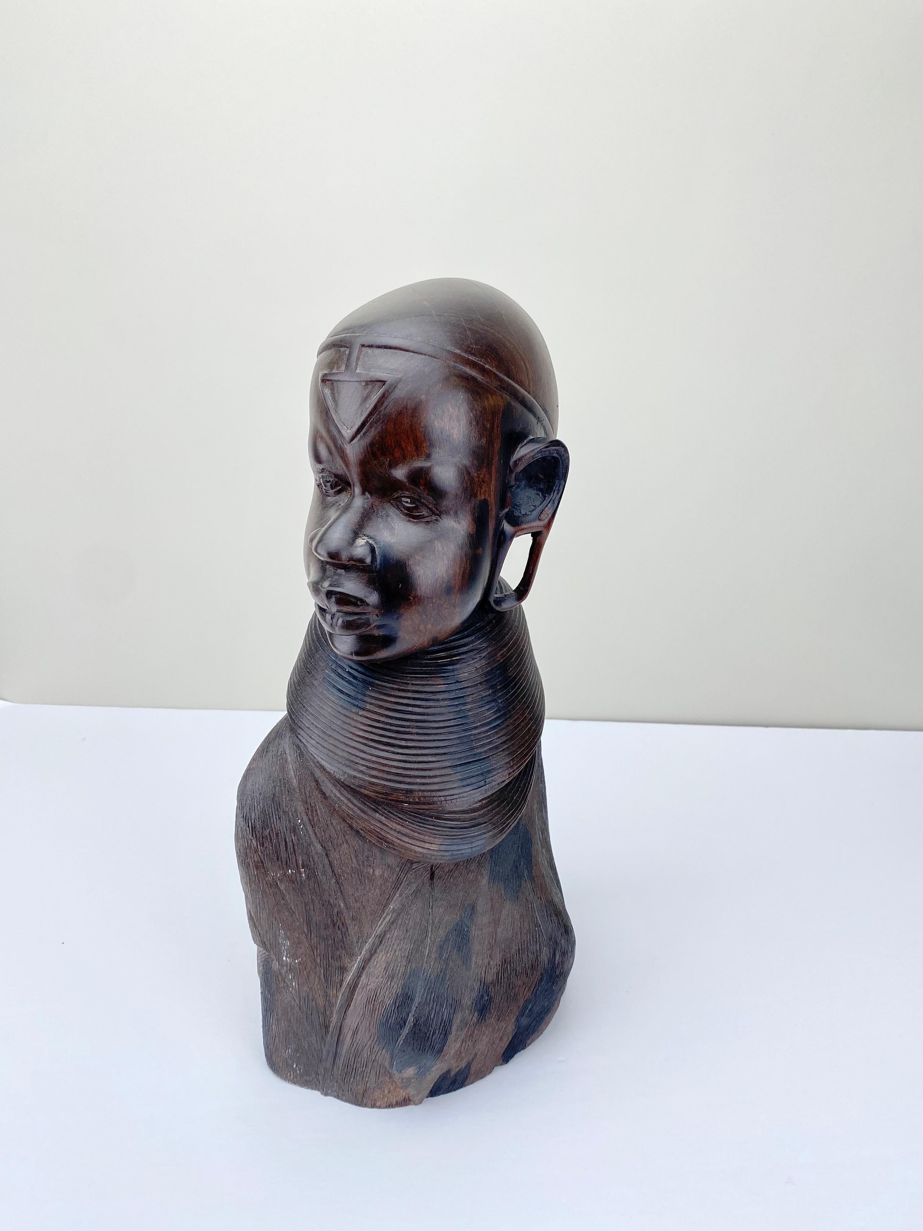African Woman Bust Hand-Carved Ebony Wooden Sculpture  For Sale 2