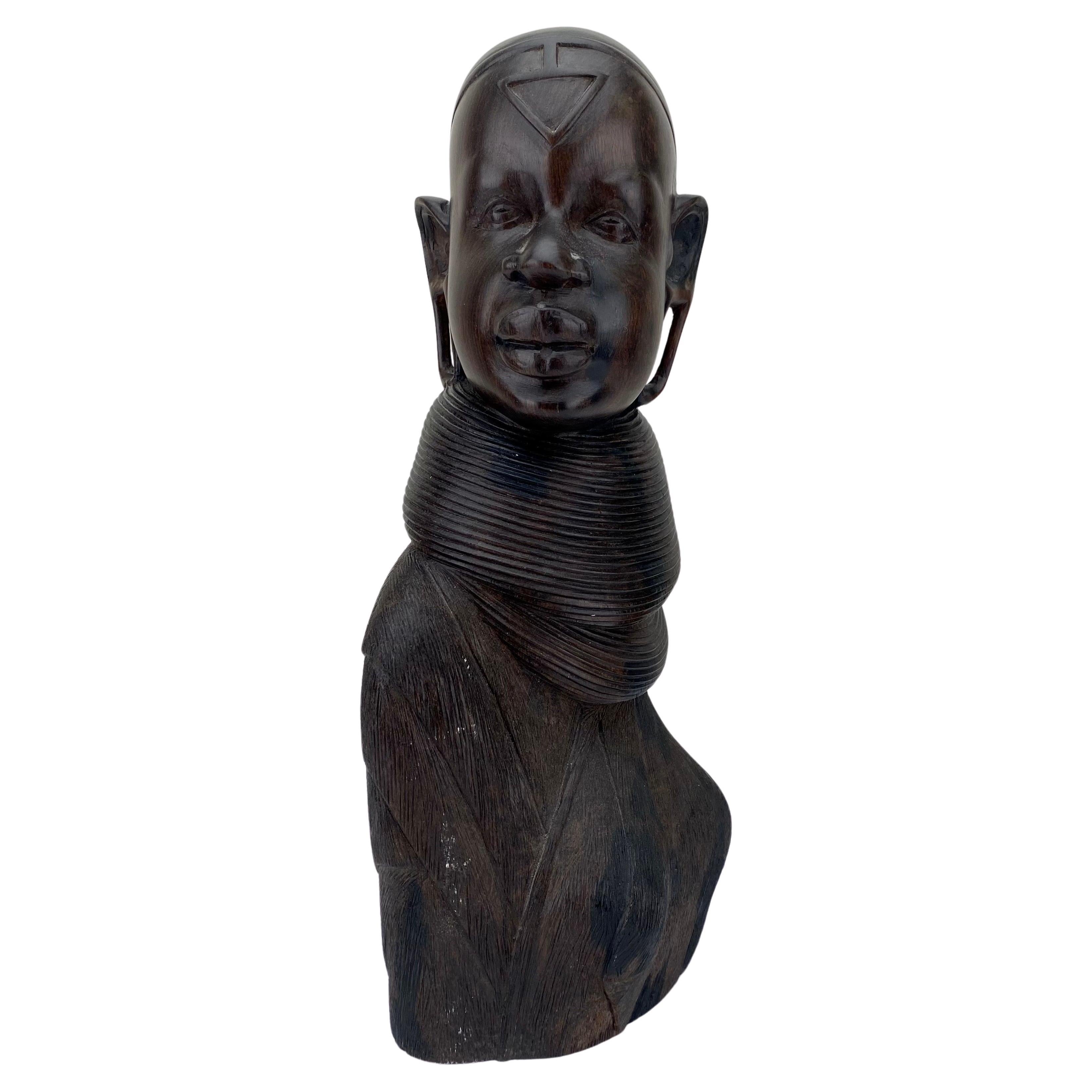 African Woman Bust Hand-Carved Ebony Wooden Sculpture  For Sale