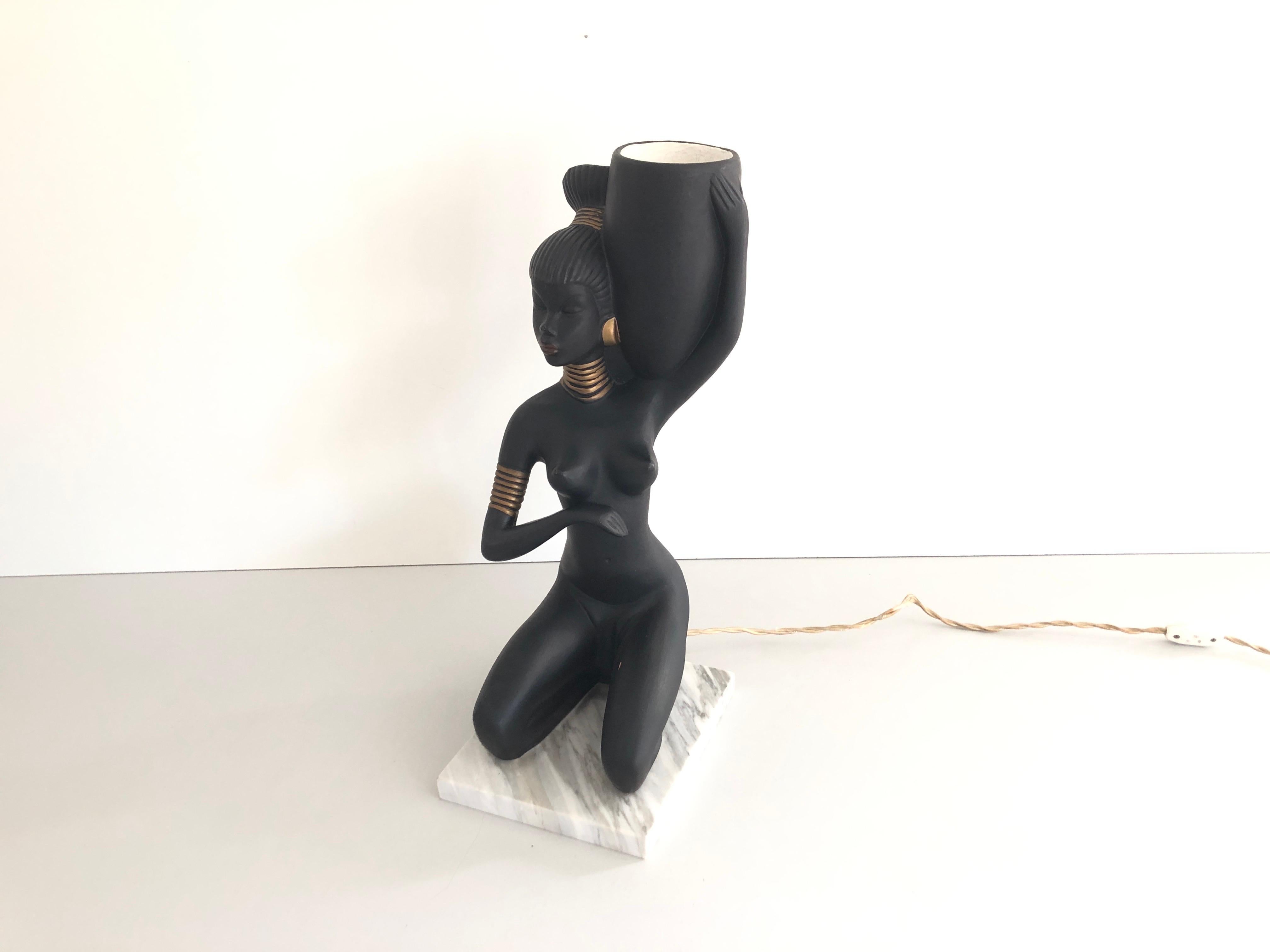 Italian African Woman Ceramic Large Table Lamp, 1960s, Italy For Sale