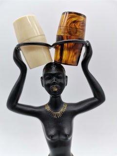 African Woman Salt and Pepper Shaker Holder, Blackened Brass, Austria