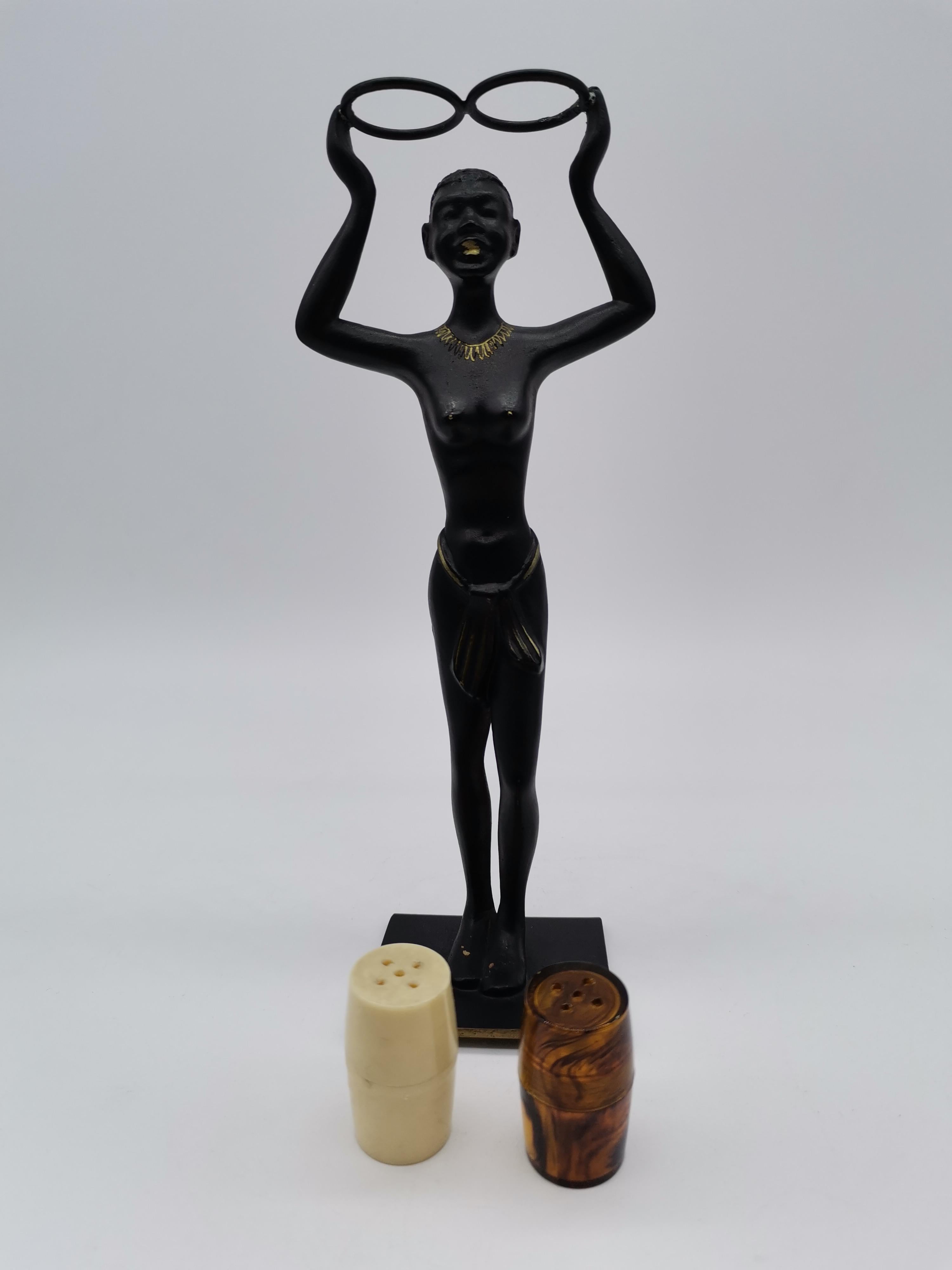 African Woman Salt and Pepper Shaker Holder, Blackened Brass, Austria For Sale 1