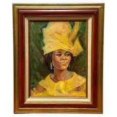 African Woman with a Yellow Hat Oil Portrait