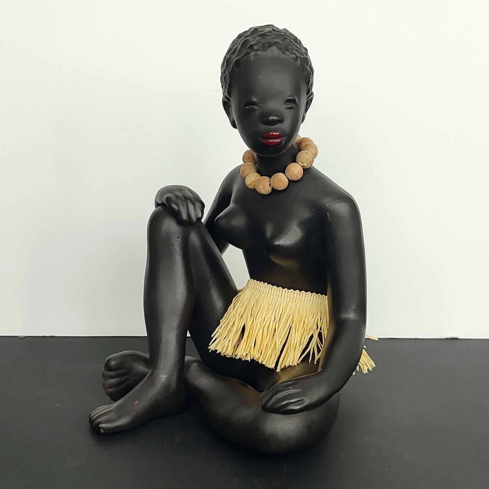 Glazed African Women Figurine by Leopold Anzengruber, Vienna 1950s For Sale