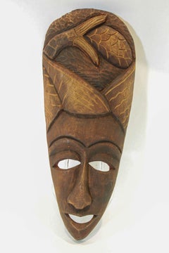 Vintage Hand-Carved African Wood Mask Sculpture from Ghana, 1970
