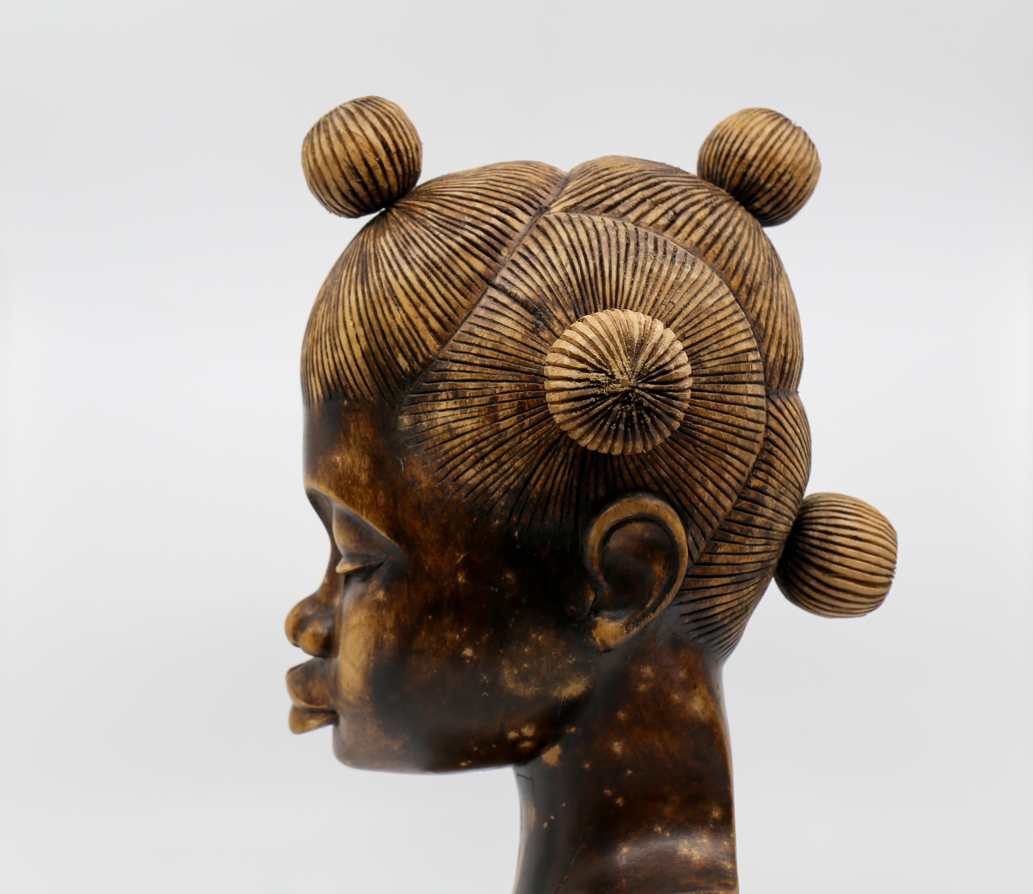 African Wood Female Bust Figurative Sculpture 3