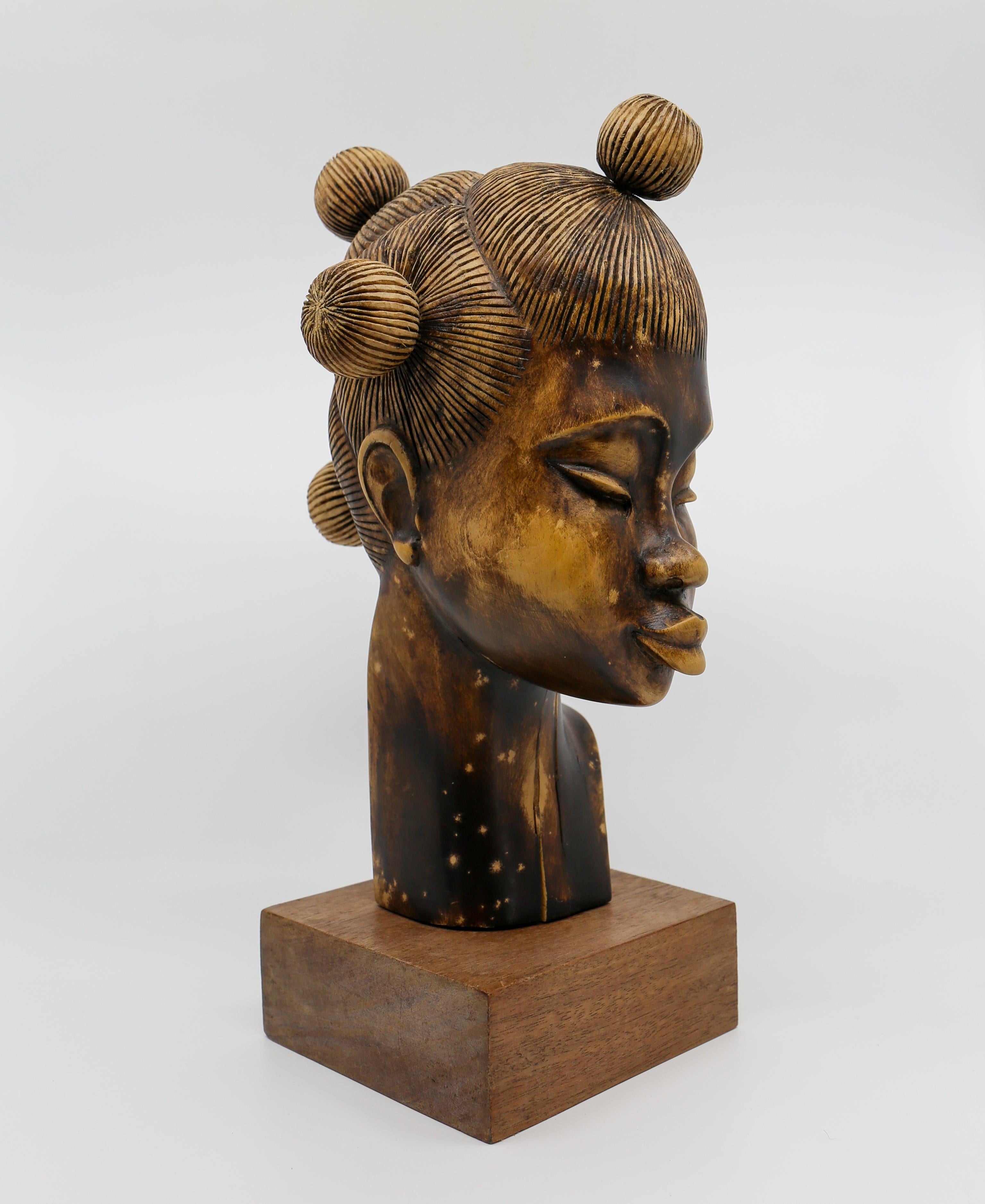 Congolese African Wood Female Bust Figurative Sculpture For Sale