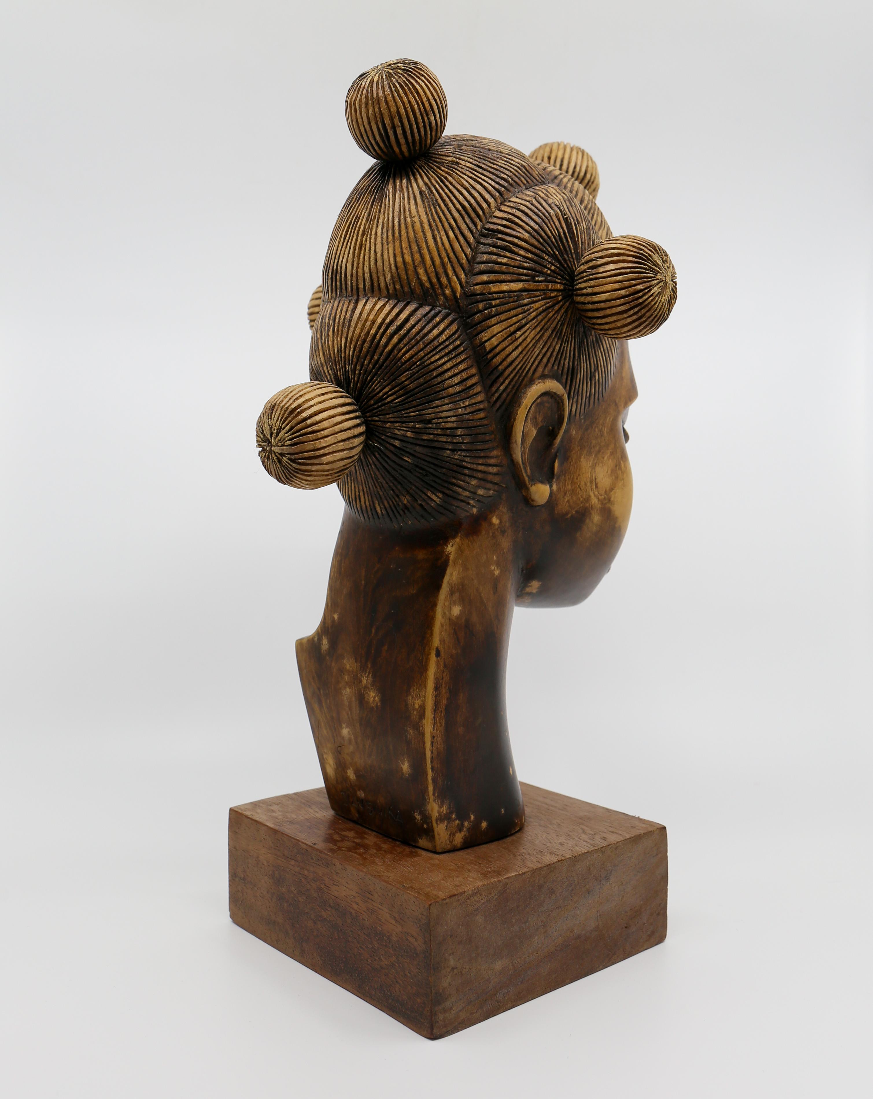 Hand-Carved African Wood Female Bust Figurative Sculpture For Sale