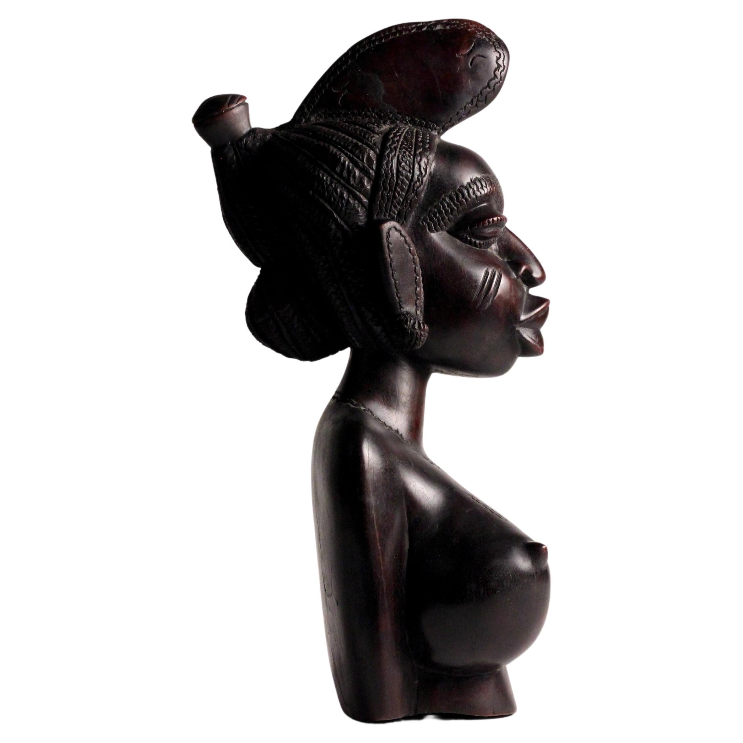Escultura Figurativa Busto Femenino de Madera Africana Mujer Mandinga