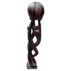 African Wood Hand Carved Sculpture 3 Figures Holding Globe