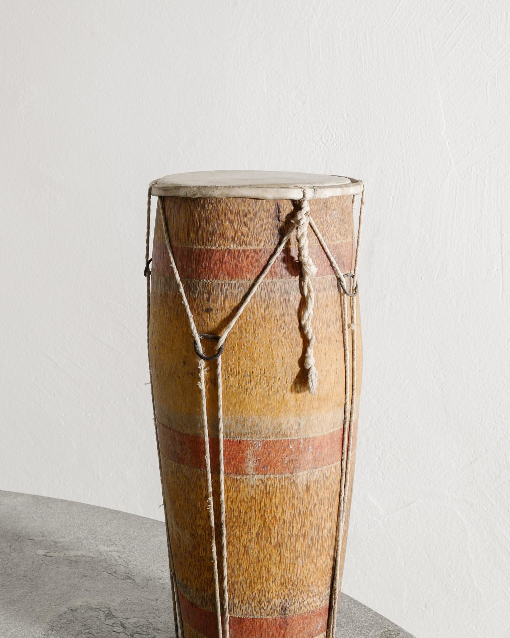 Folk Art African Wooden Decorative Tribal Art Drum with Hide & Rope Produced Early 1900s For Sale