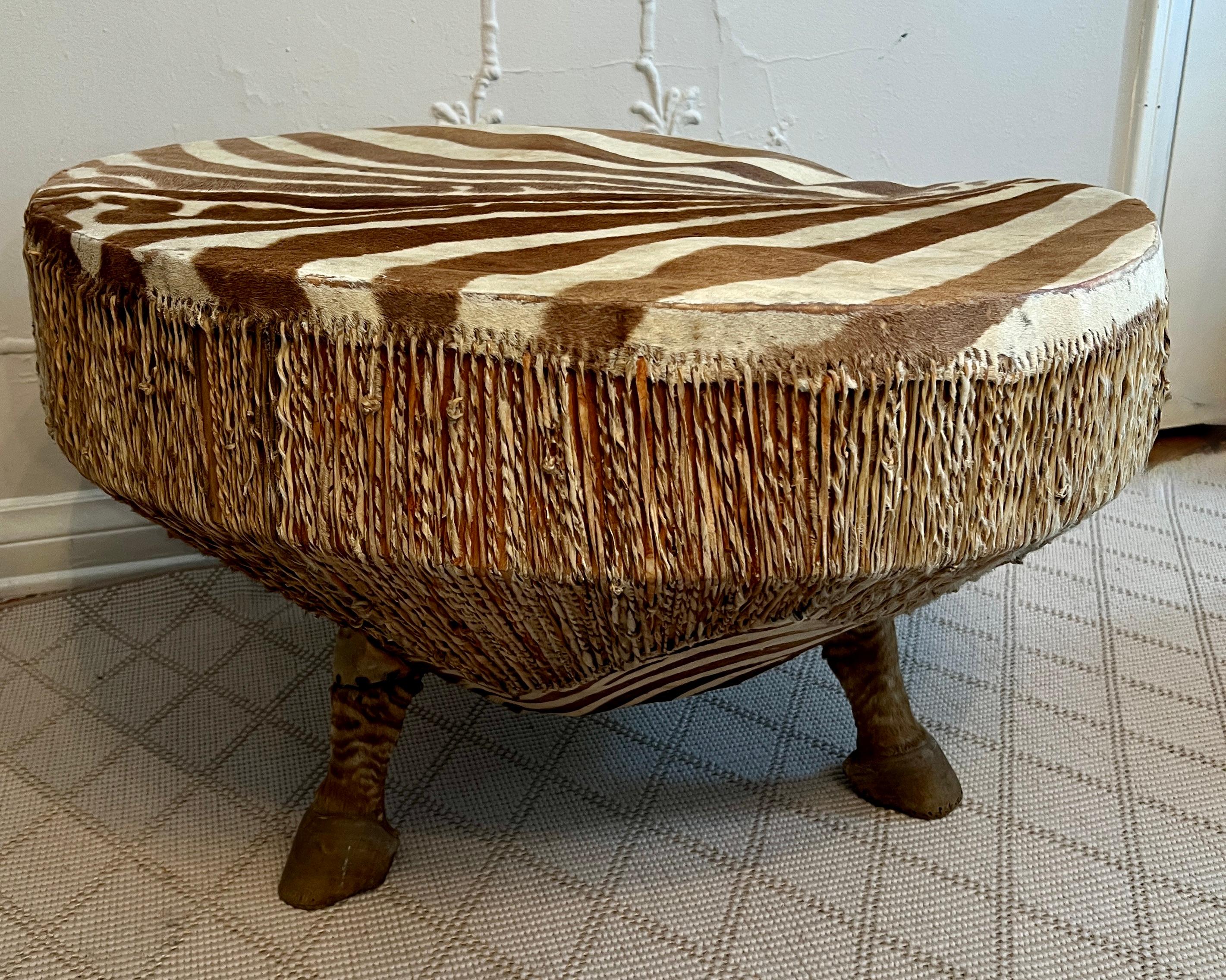 African Zebra Drum Table with Three Zebra Legs from Ghana For Sale 2