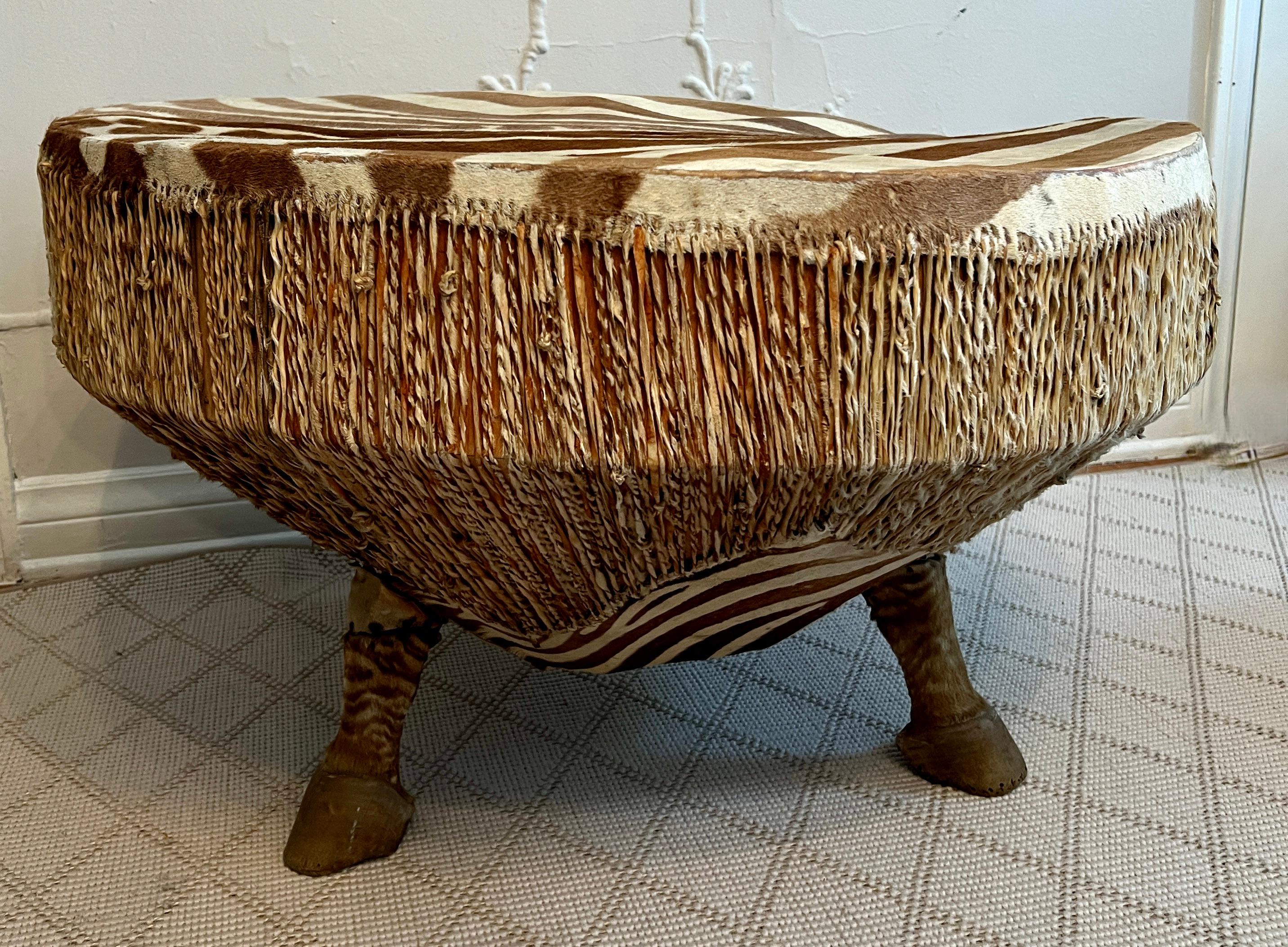 Rustic African Zebra Drum Table with Three Zebra Legs from Ghana For Sale