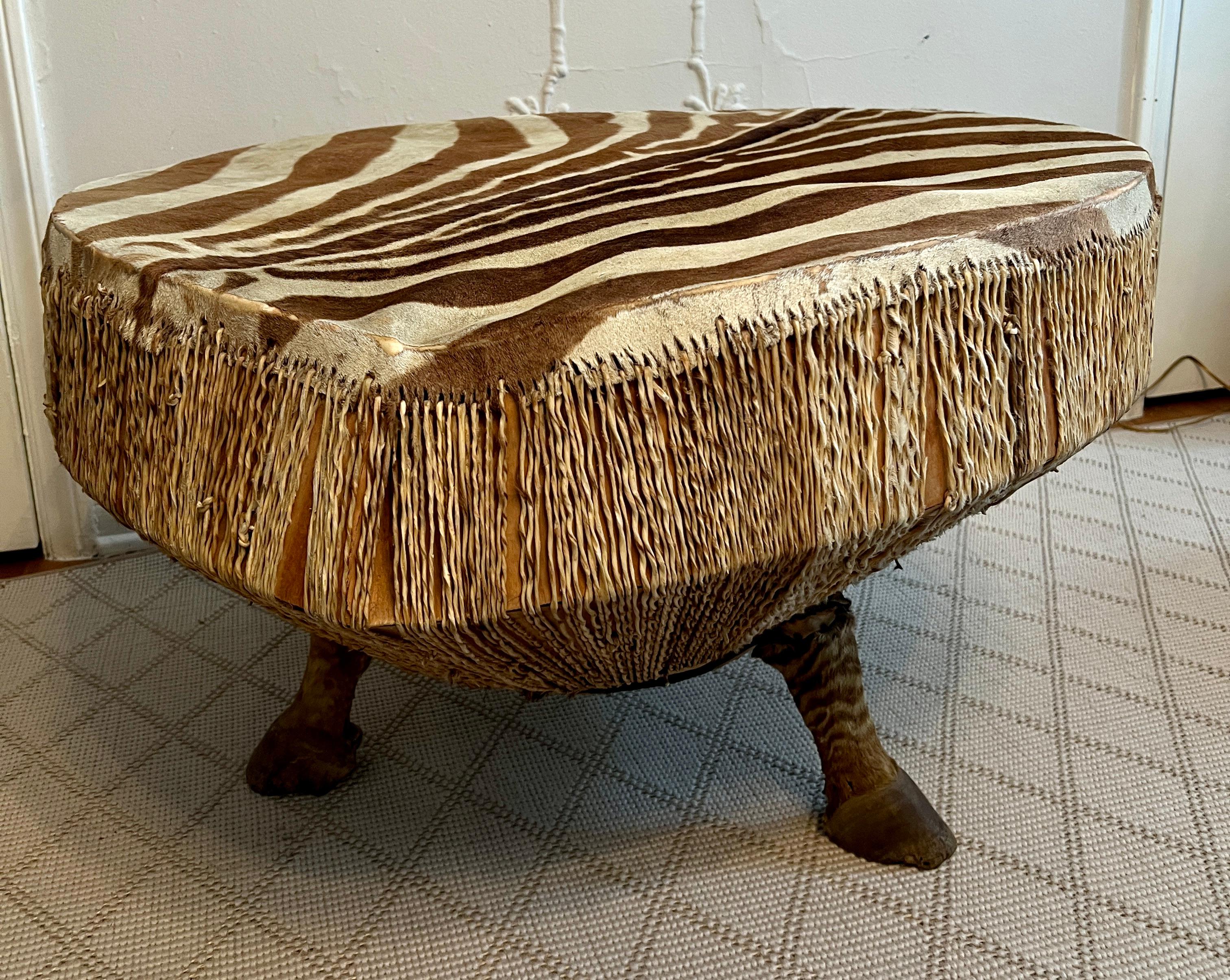 Hand-Crafted African Zebra Drum Table with Three Zebra Legs from Ghana For Sale
