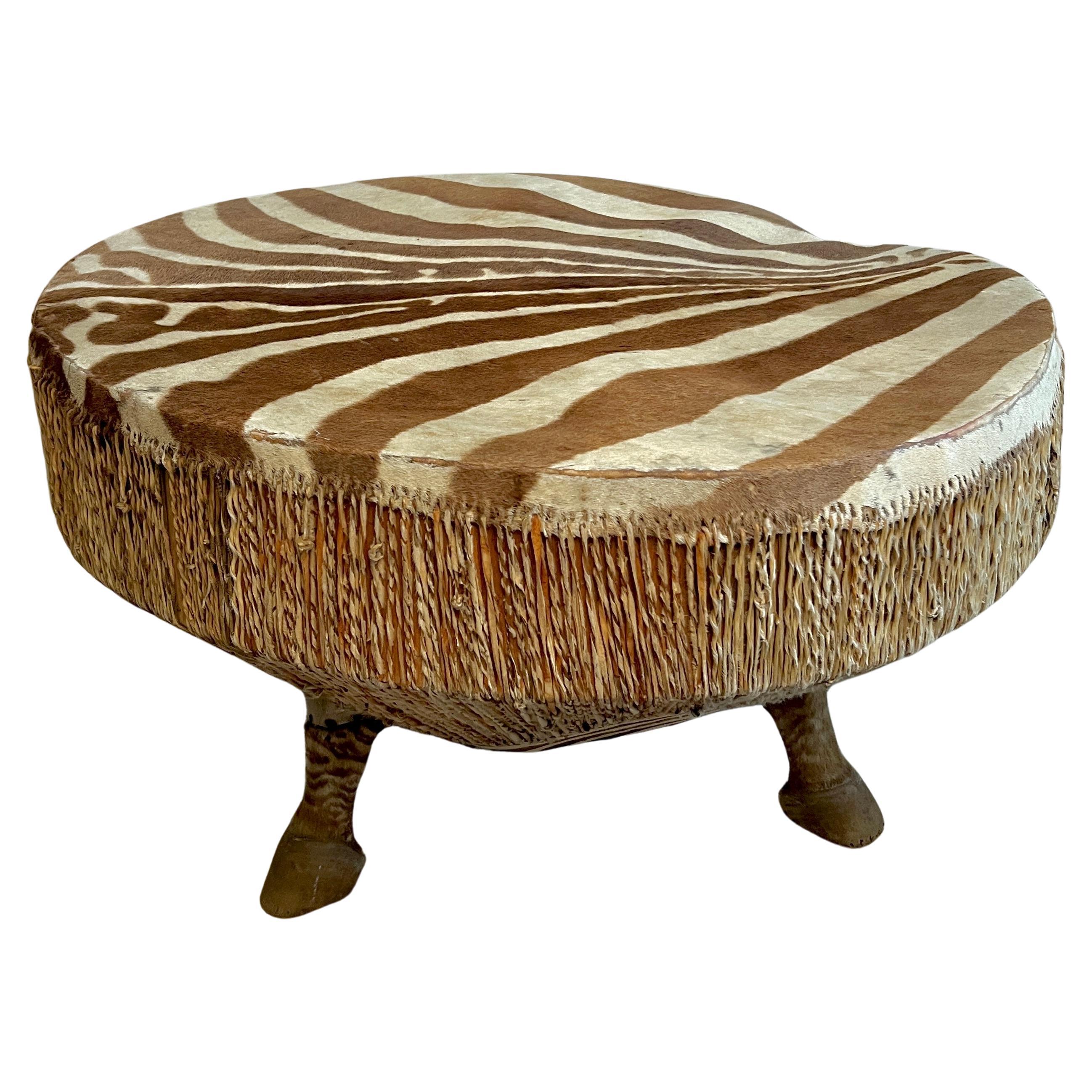 African Zebra Drum Table with Three Zebra Legs from Ghana For Sale