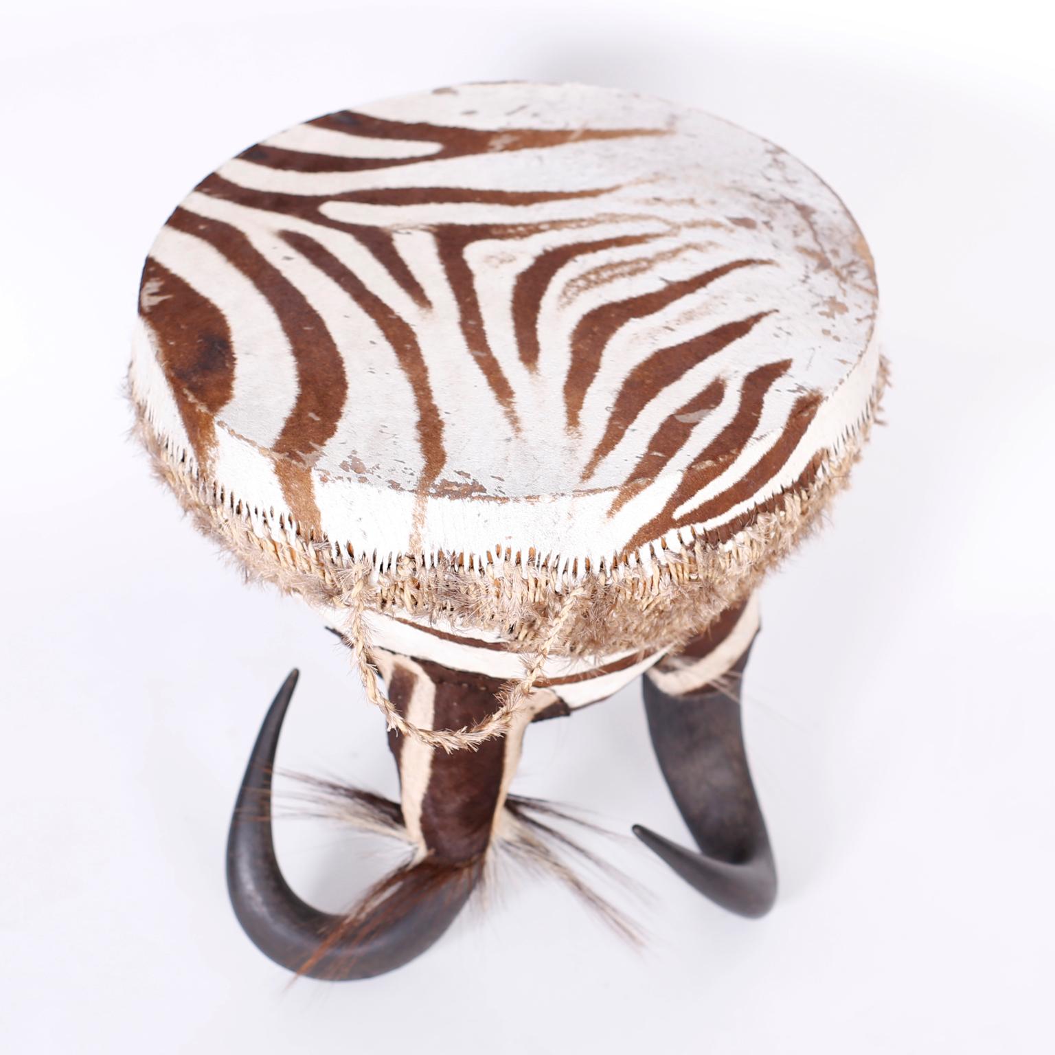 Mid-Century Modern African Zebra Hide Drum Table