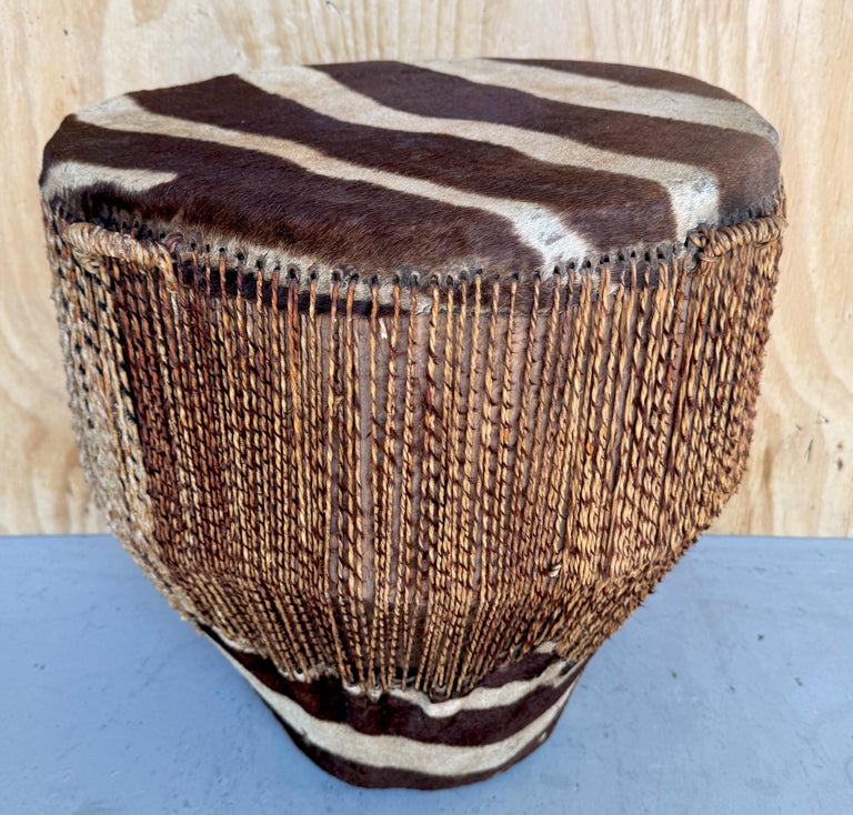 African Zebra Hide and Leather Drum/Side Table For Sale at 1stDibs