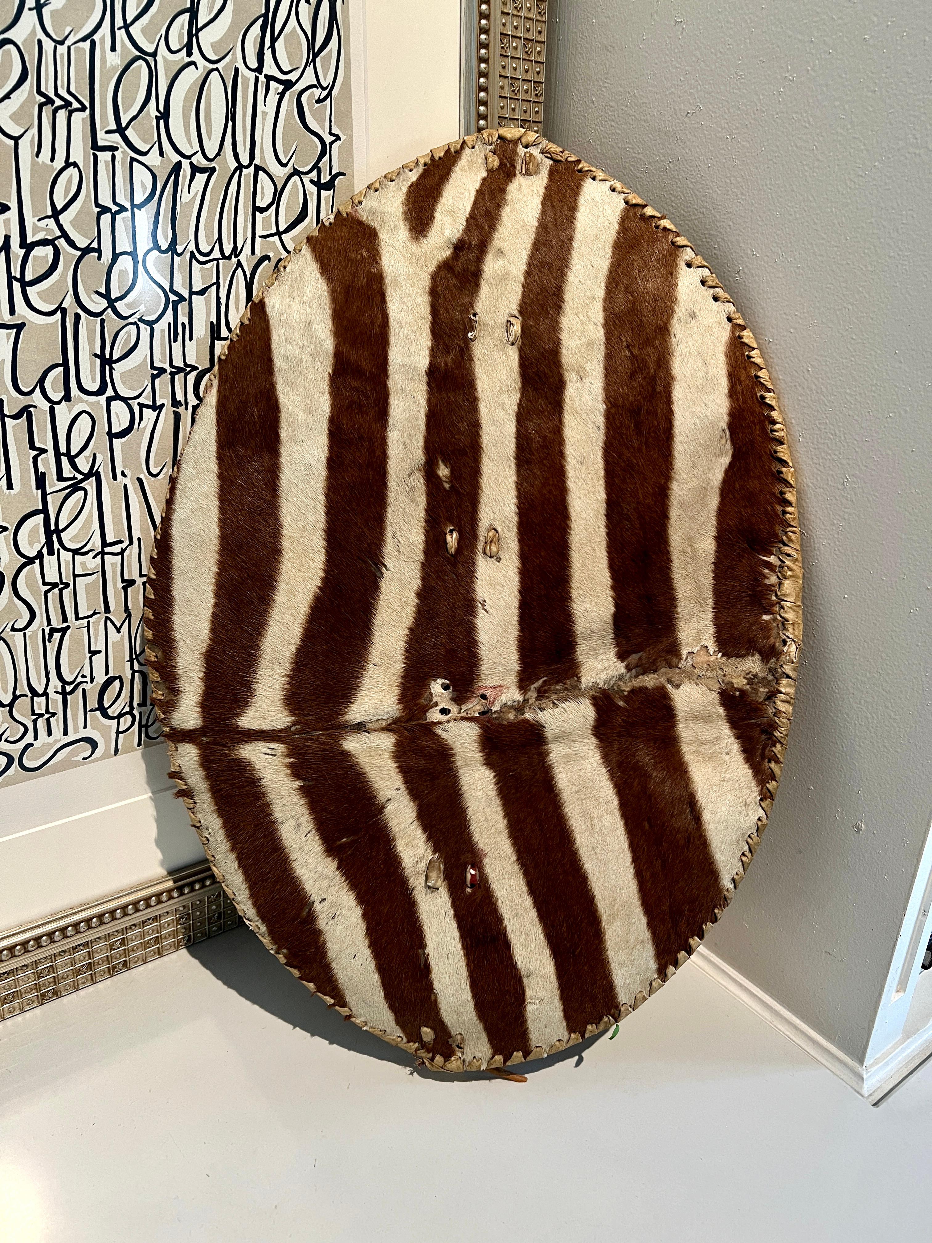 Hand-Crafted African Hand Crafted Zebra Hide Zulu Shield with Leather Lashing For Sale