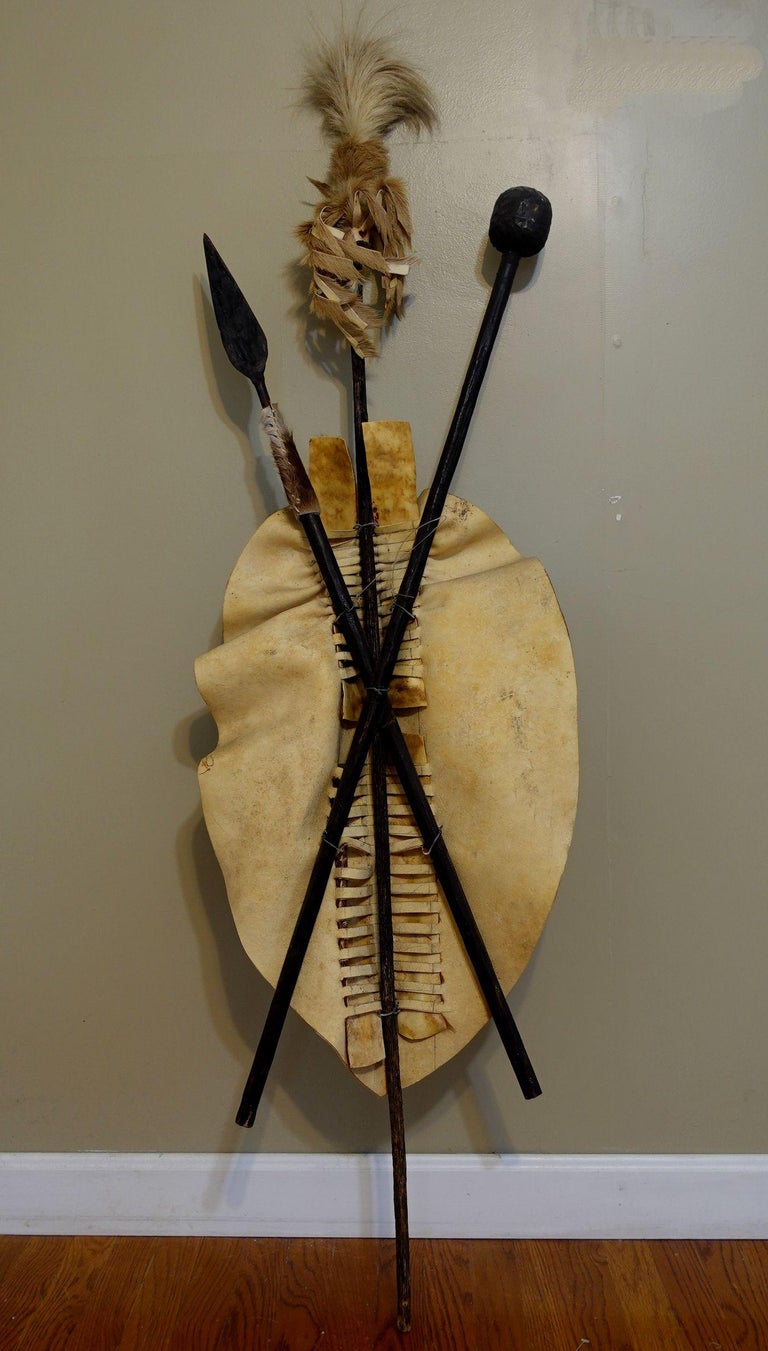 african-zulu-cowhide-shield-with-spear-and-mallet-for-sale-at-1stdibs