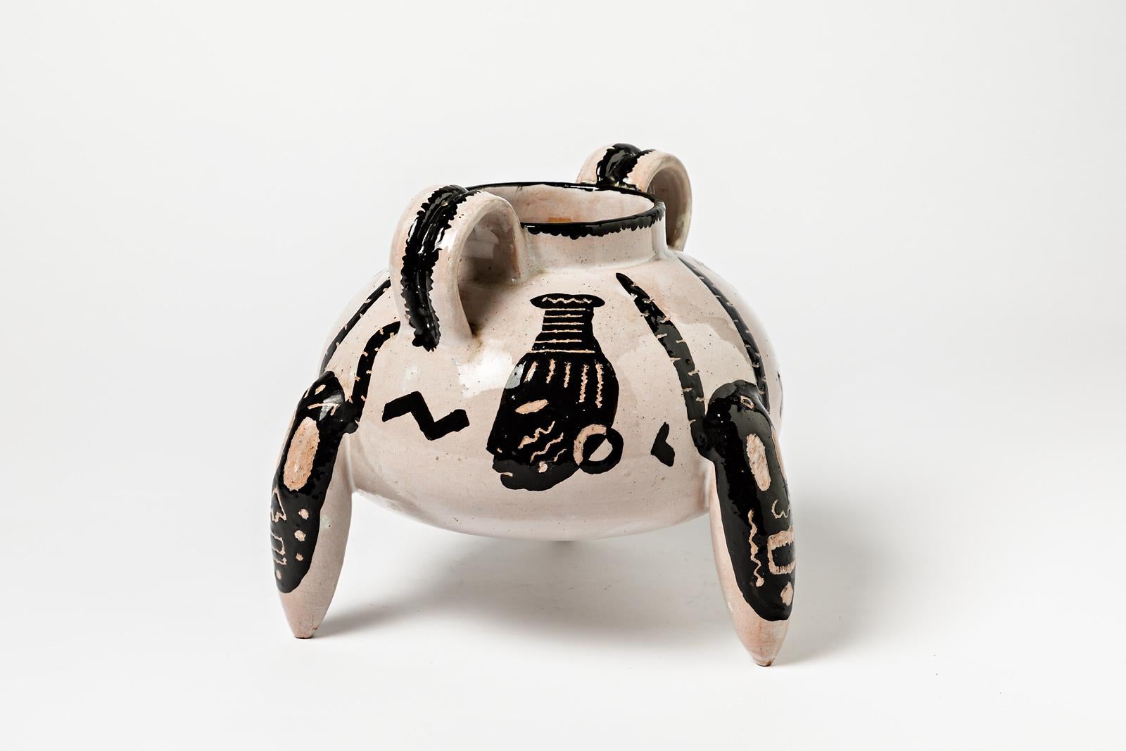 Africanist Abstract White and Black Ceramic Vase by Masson Vallauris, 1950 1