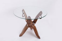 Geometric Pair of Carved Side Tables in Wood and Glass, France 1950's