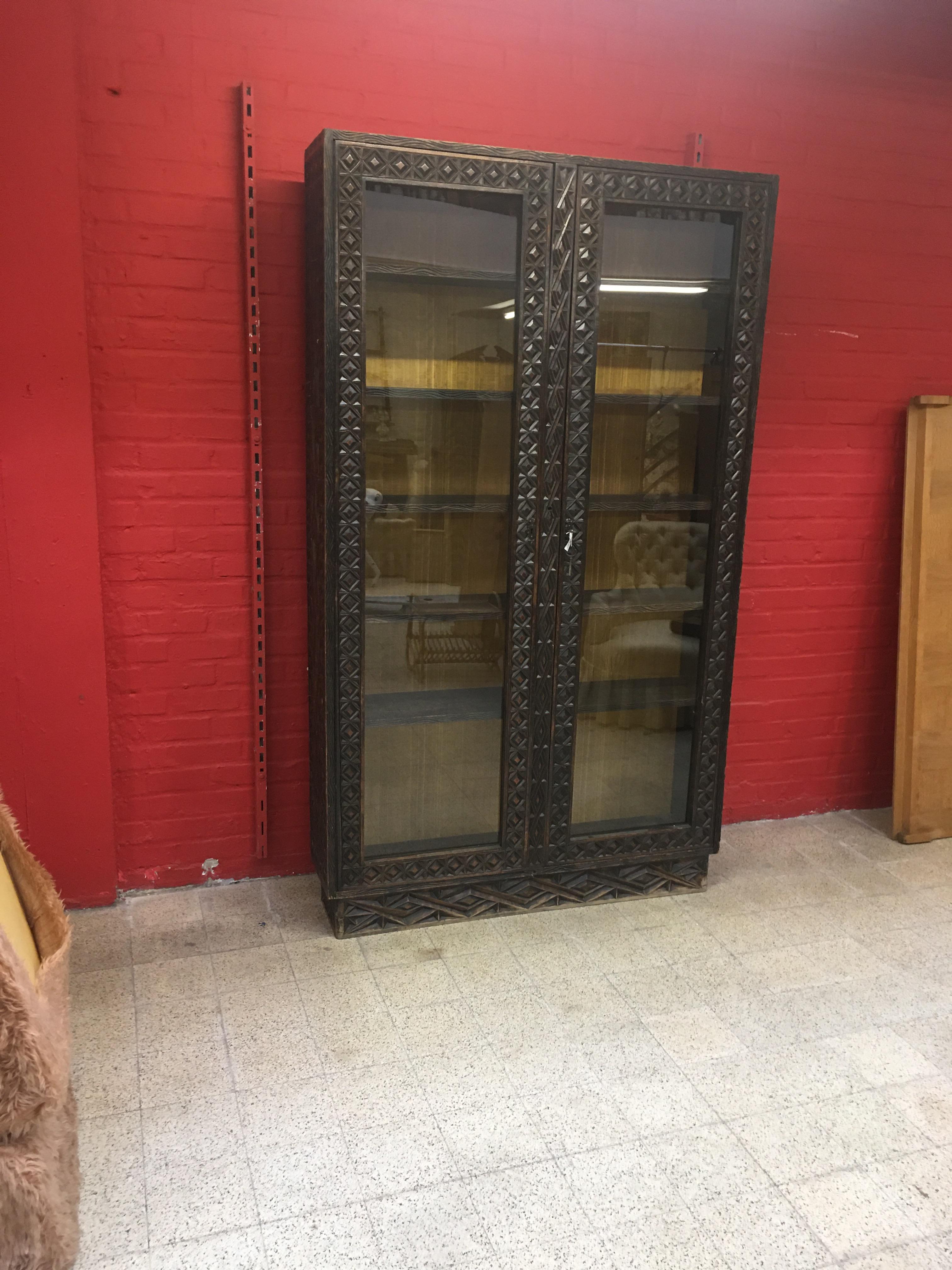 Africanist Showcase Cabinet in Carved Wood, circa 1950 9