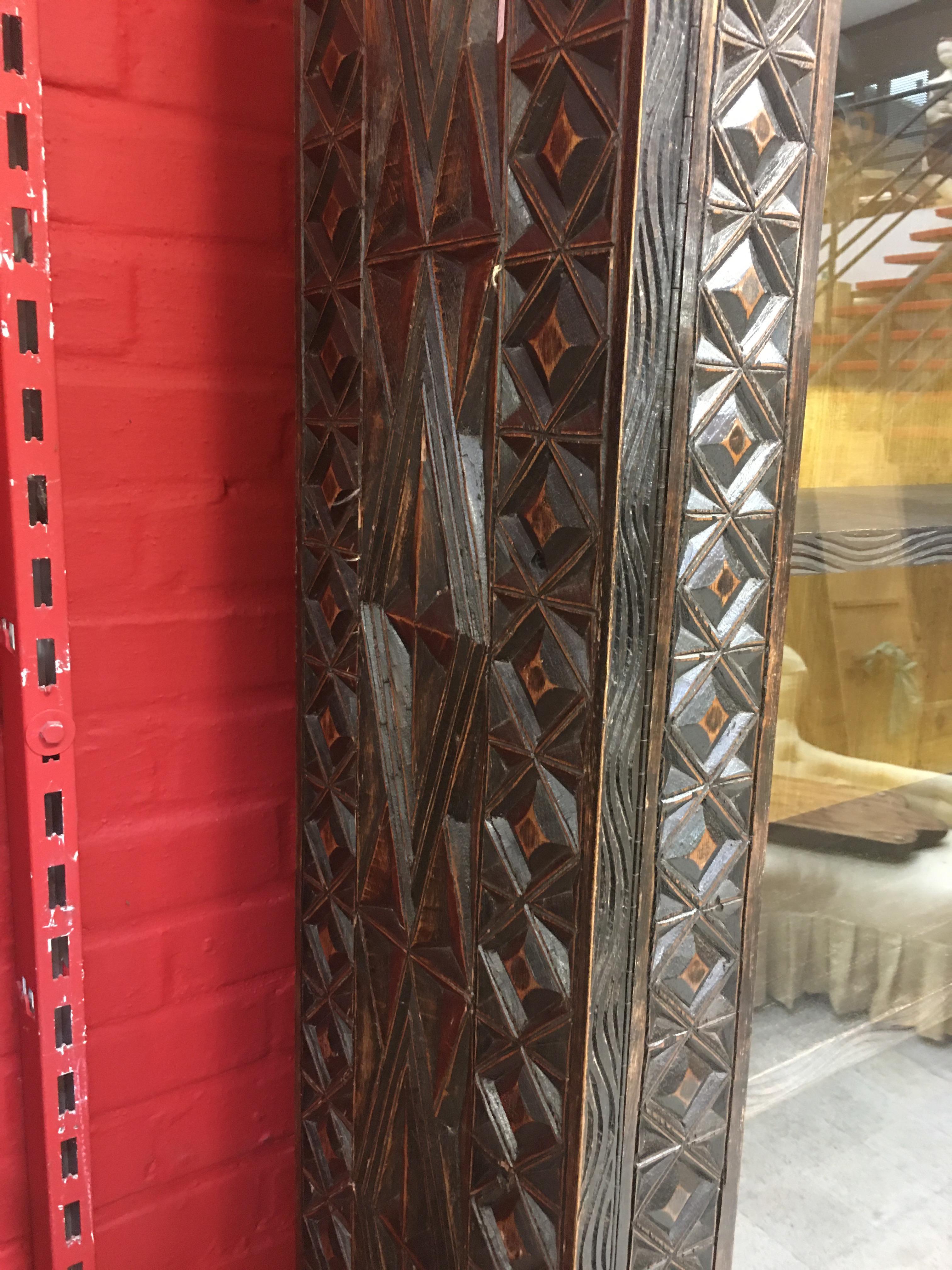 Hand-Carved Africanist Showcase Cabinet in Carved Wood, circa 1950