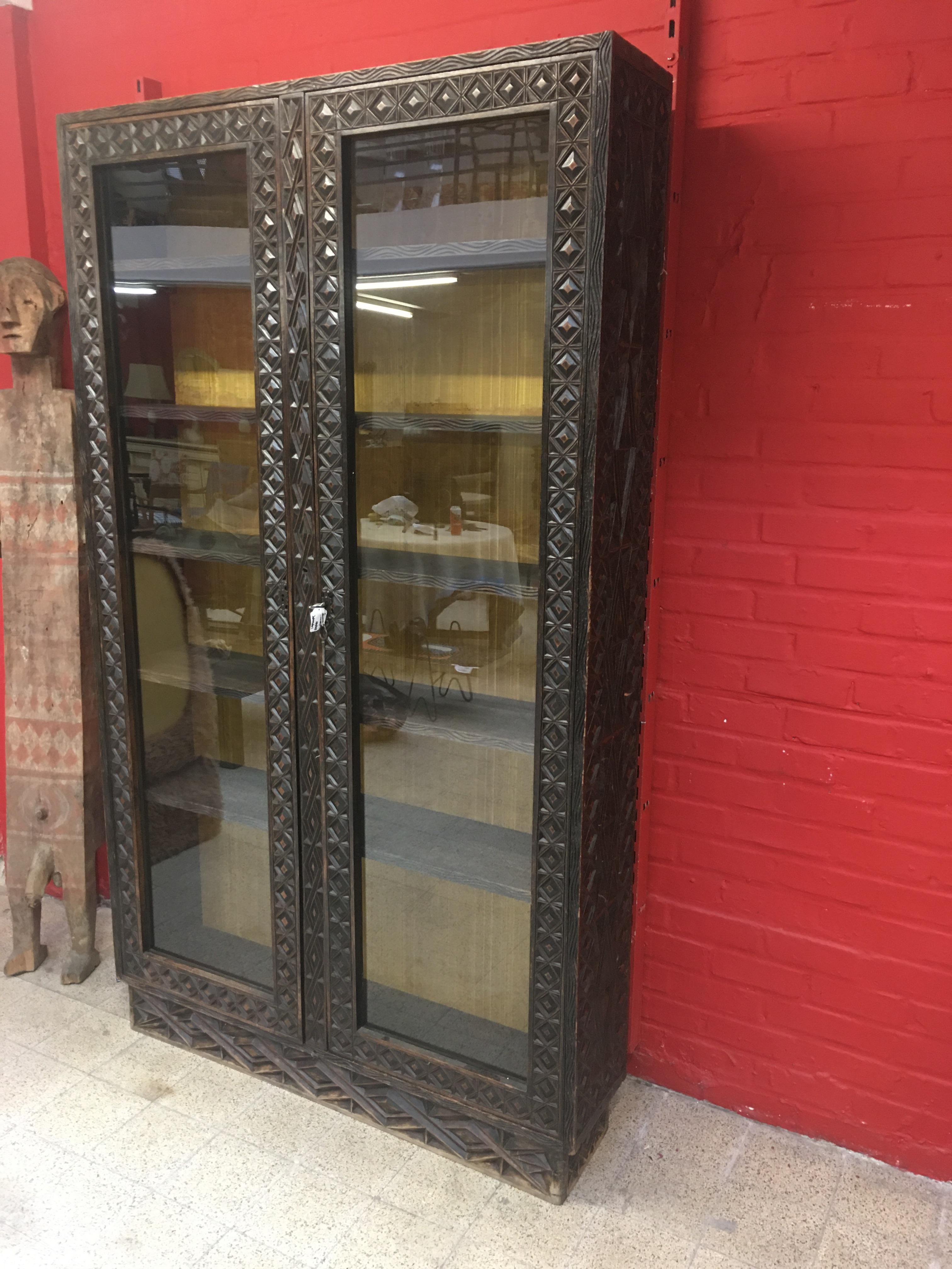 Africanist Showcase Cabinet in Carved Wood, circa 1950 1