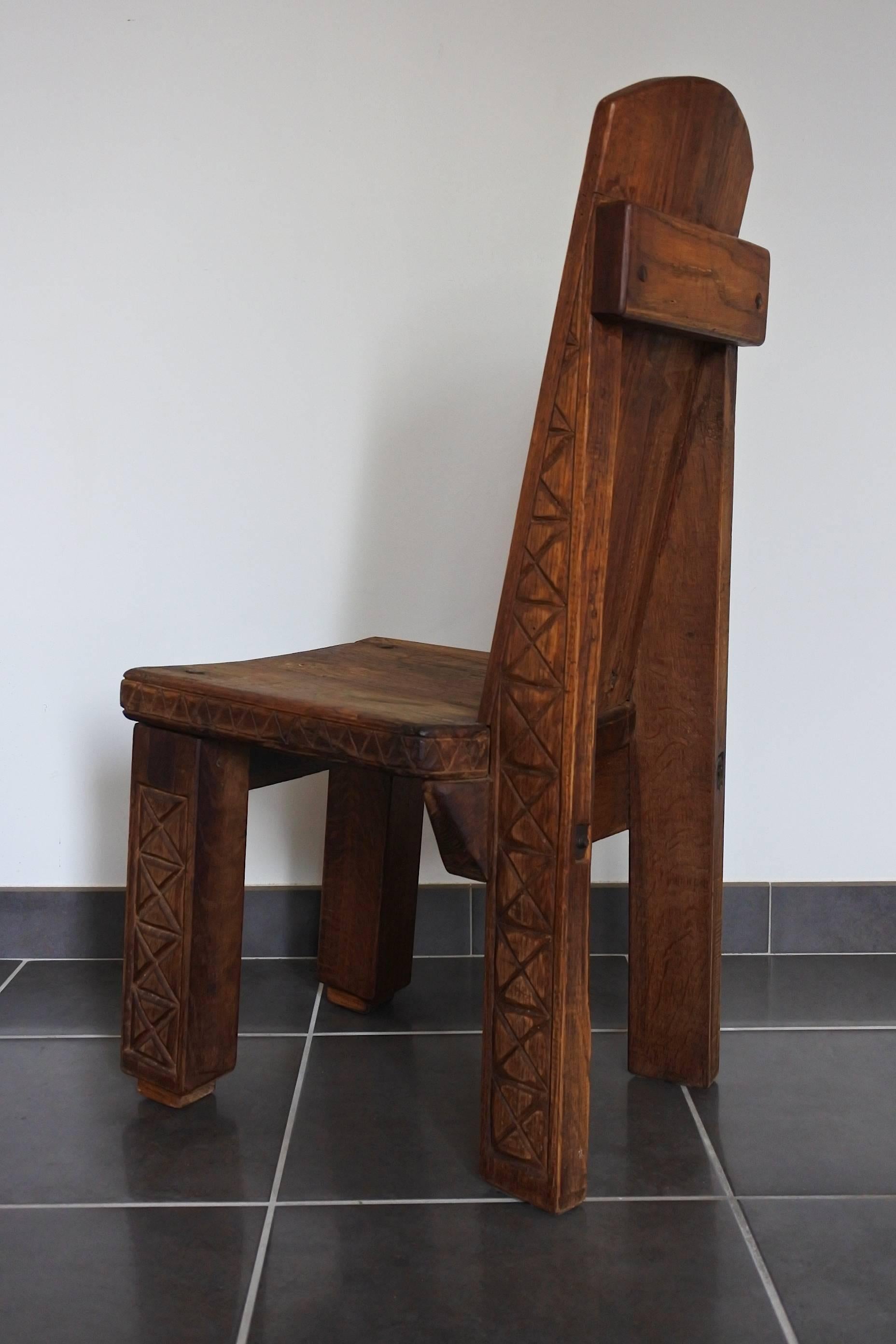 French Africanist Solid Oak Wood Studio Chair, France, 1974