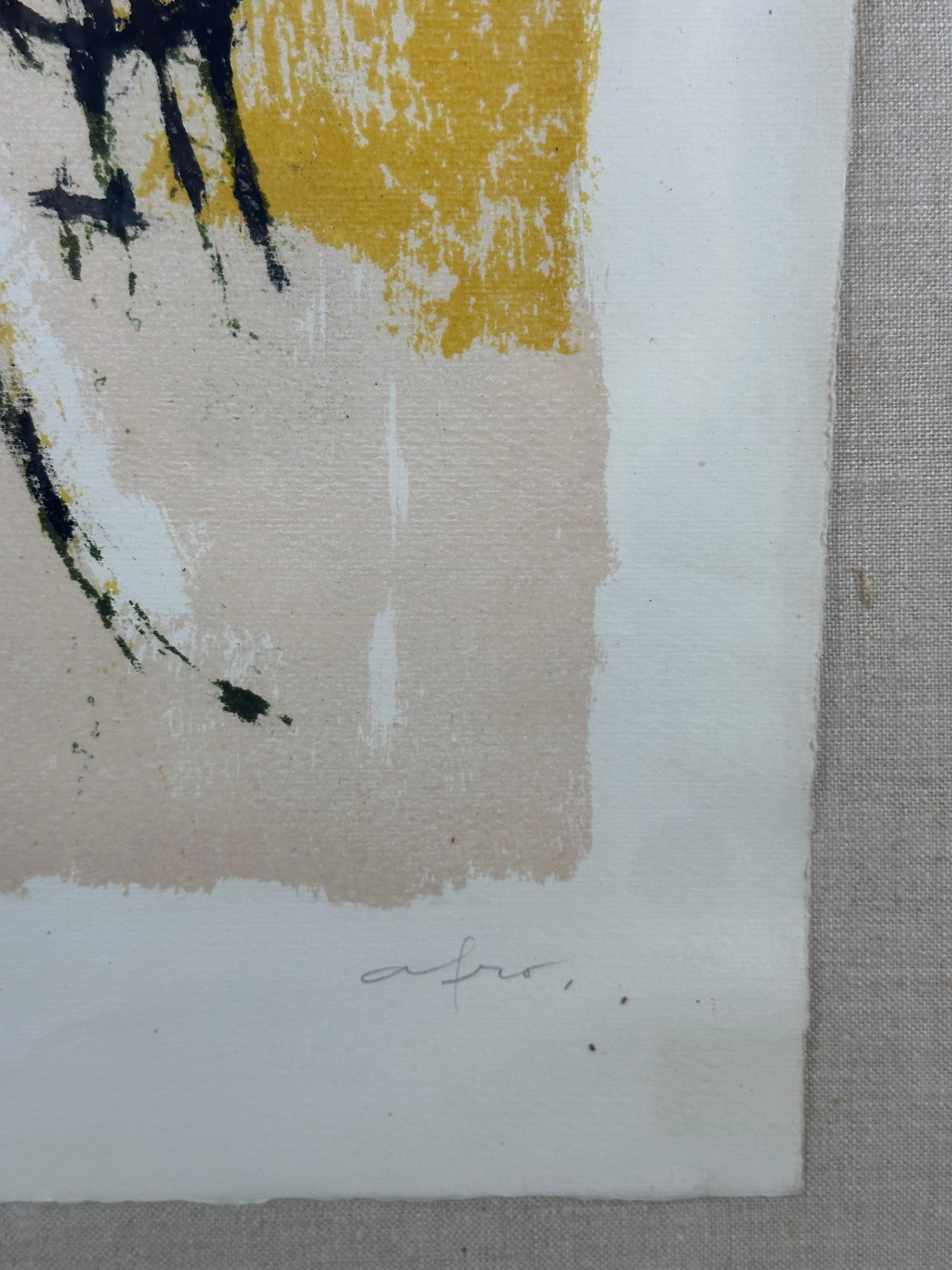 Untitled, ca. 1960. 

Lithograph on paper, sheet measuring 18.5 x 26.5 inches

Measuring 27 x 35 inches in original mid-century beveled oak frame. 

Signed and numbered in pencil by artist, lower margins. 

Minor toning of paper. 

Afro Libio