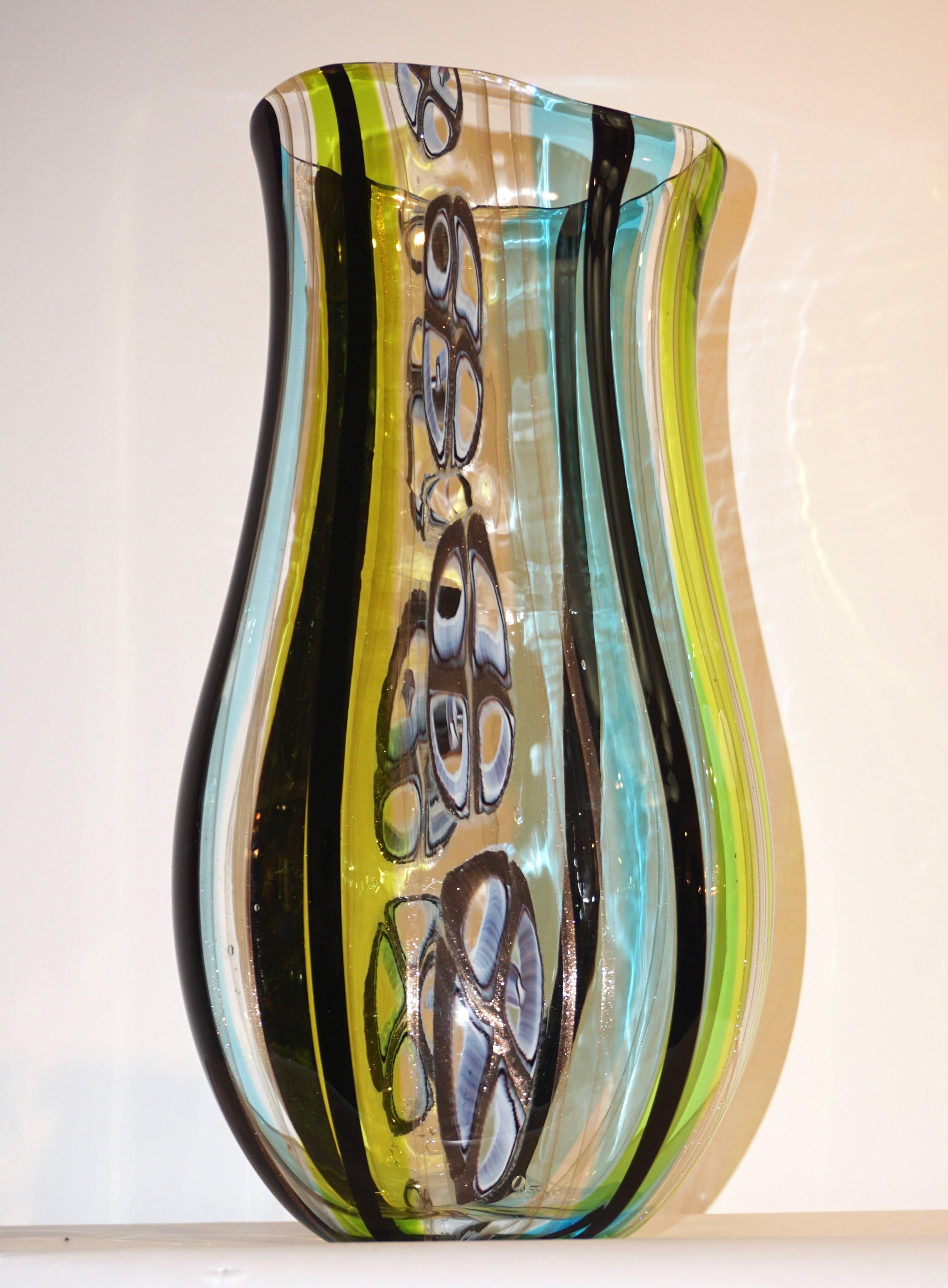 Afro Celotto 1990 Black Green Aqua Blue Crystal Murano Glass Tall Modern Vase 3