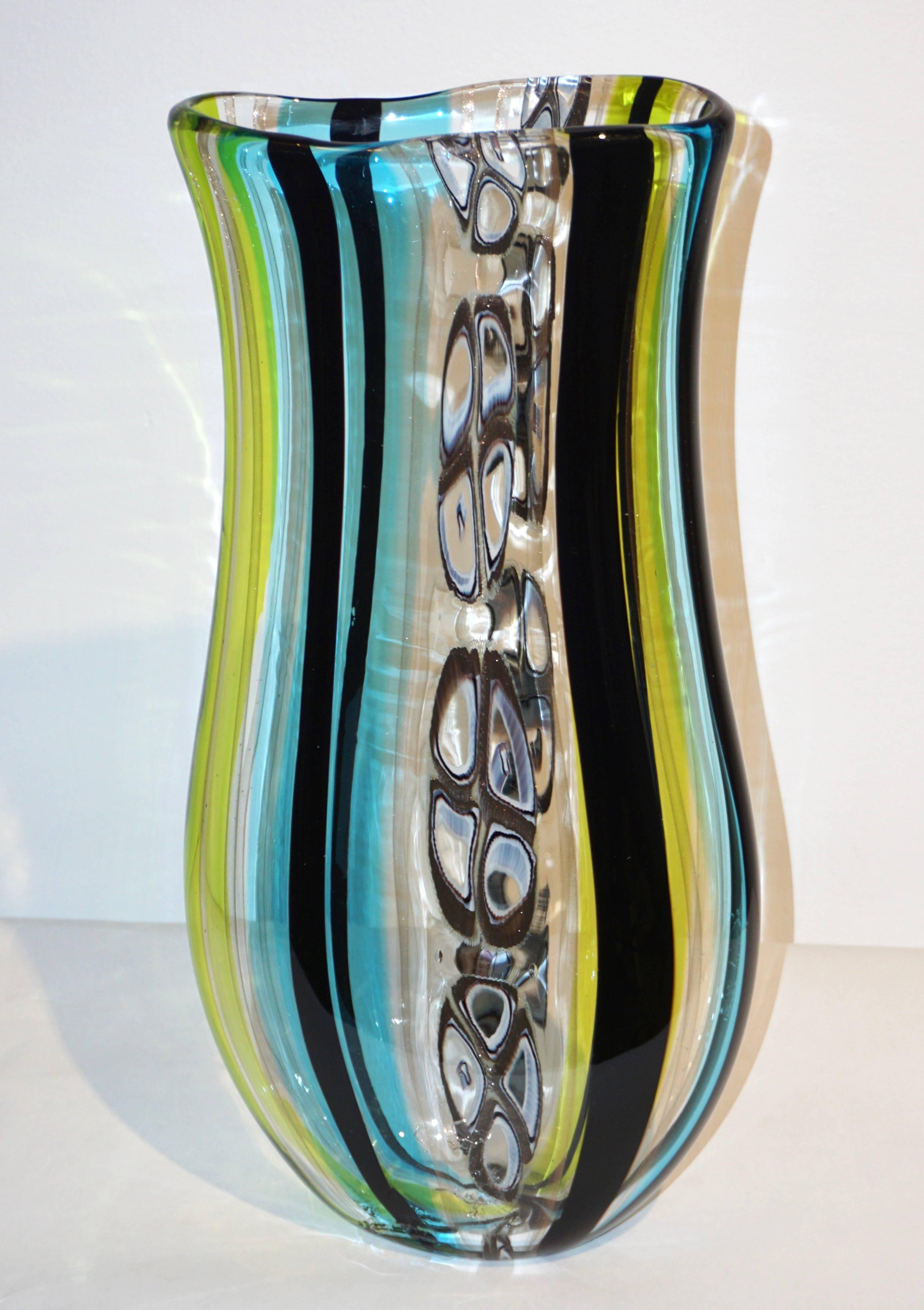 Afro Celotto 1990 Black Green Aqua Blue Crystal Murano Glass Tall Modern Vase 4