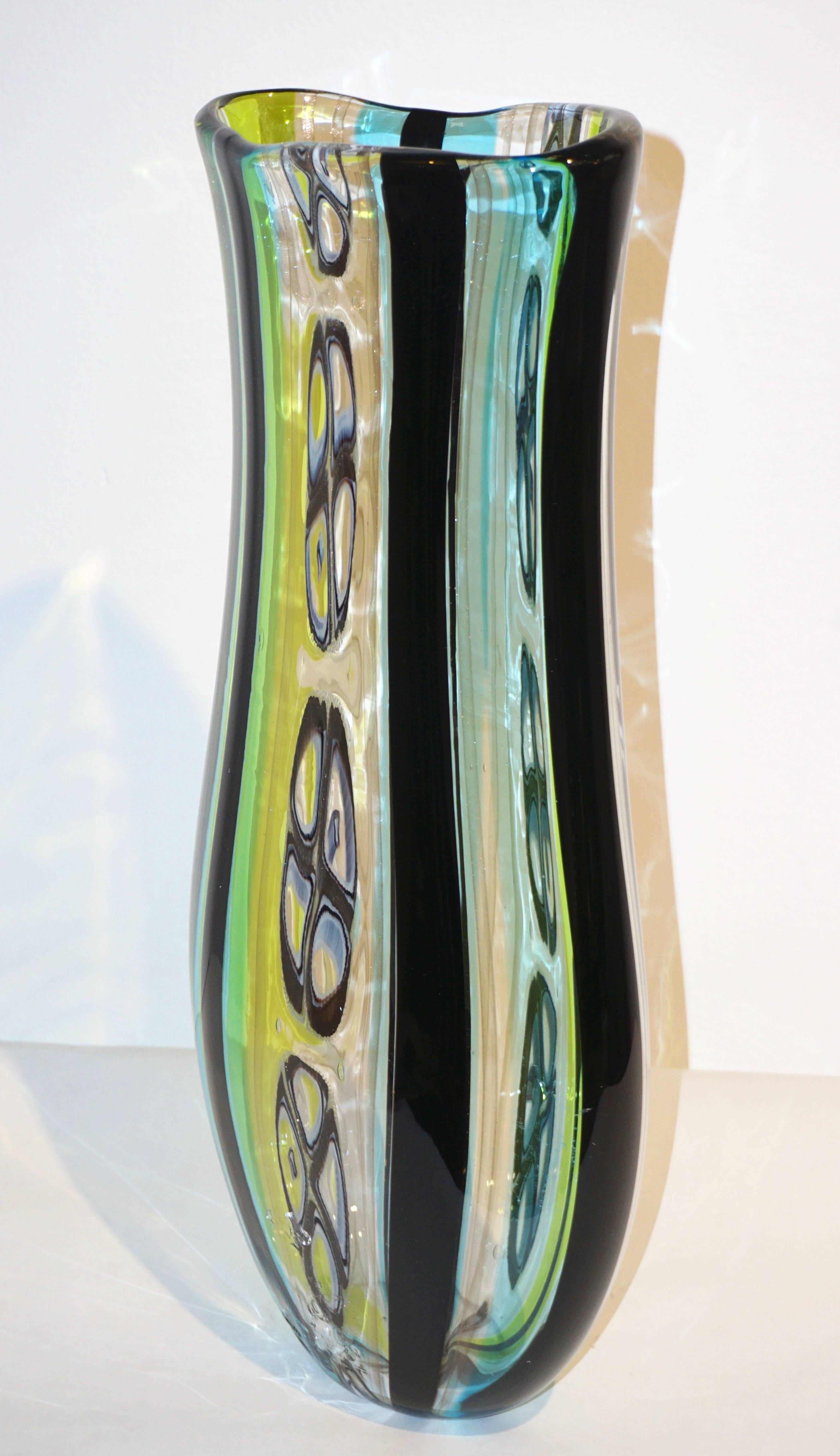 Afro Celotto 1990 Black Green Aqua Blue Crystal Murano Glass Tall Modern Vase 5