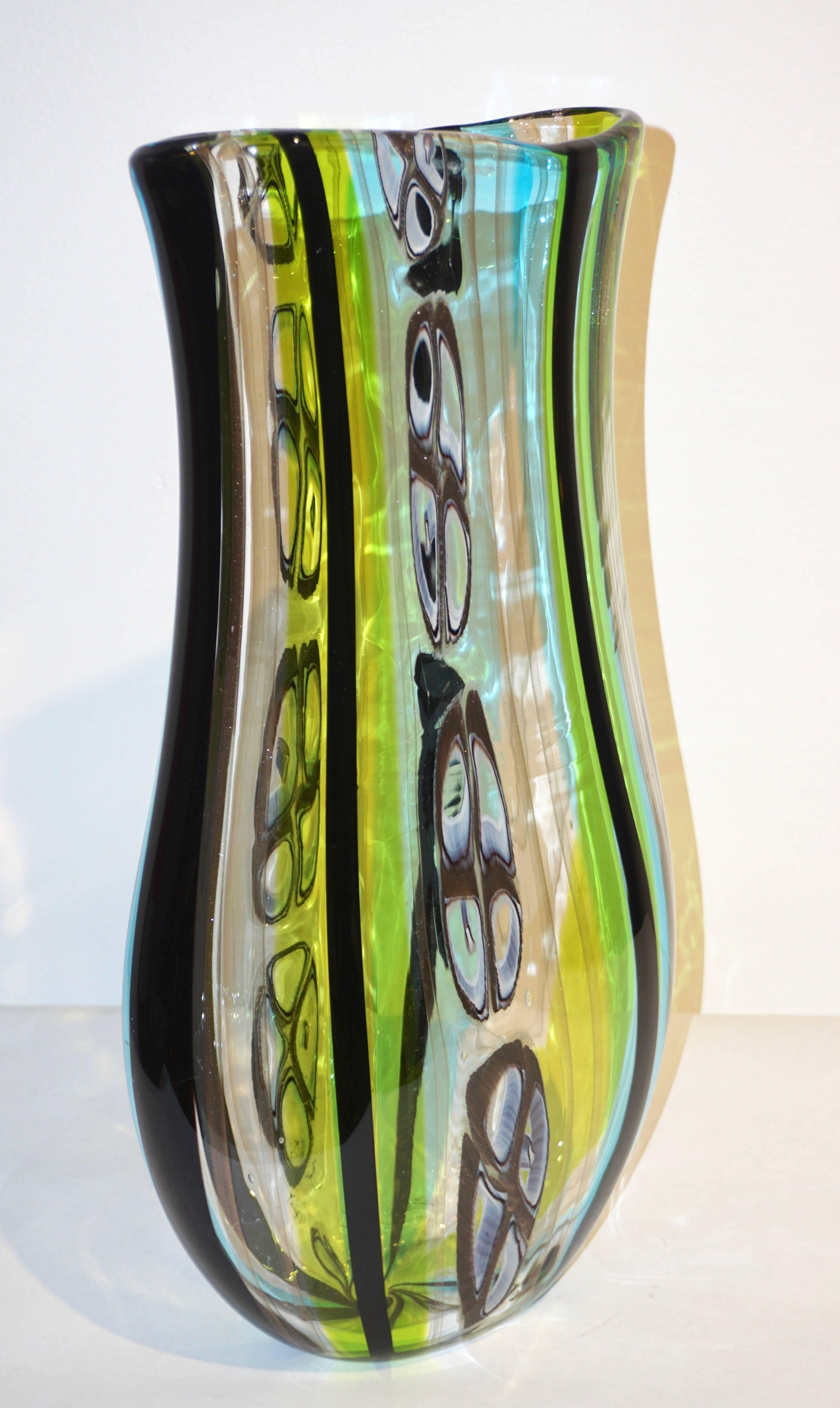 Afro Celotto 1990 Black Green Aqua Blue Crystal Murano Glass Tall Modern Vase 6