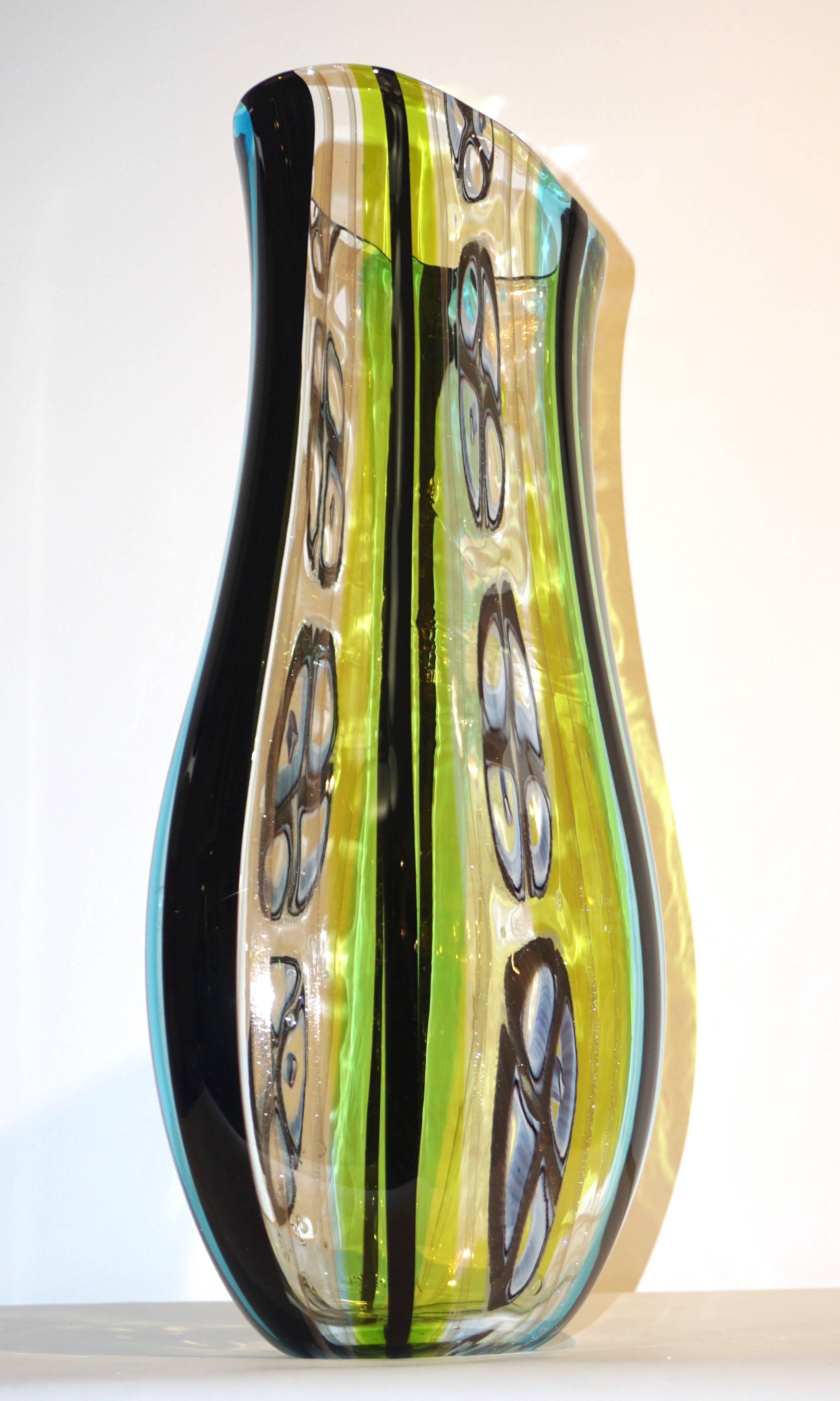 Afro Celotto 1990 Black Green Aqua Blue Crystal Murano Glass Tall Modern Vase 7