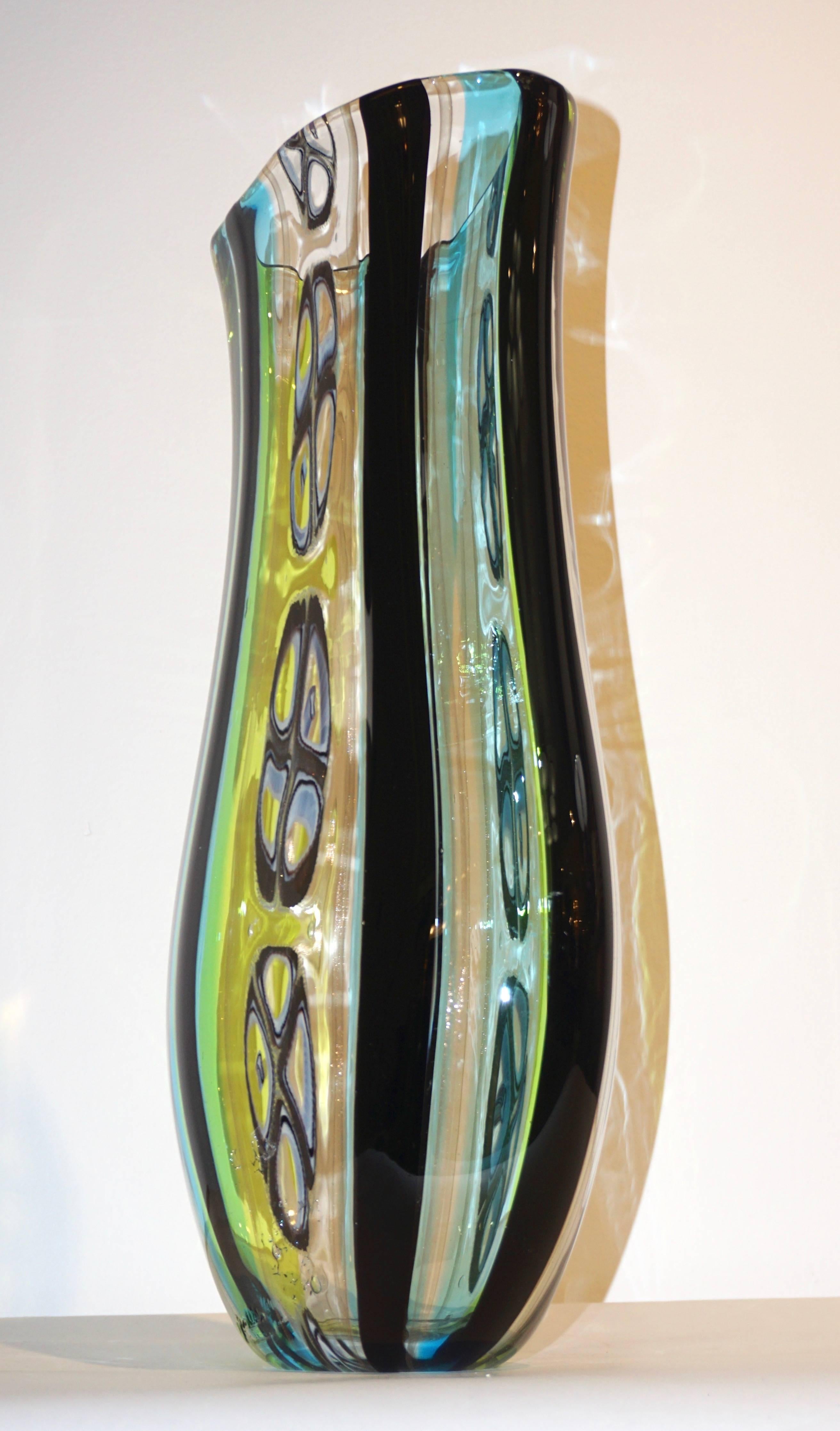 Italian Afro Celotto 1990 Black Green Aqua Blue Crystal Murano Glass Tall Modern Vase