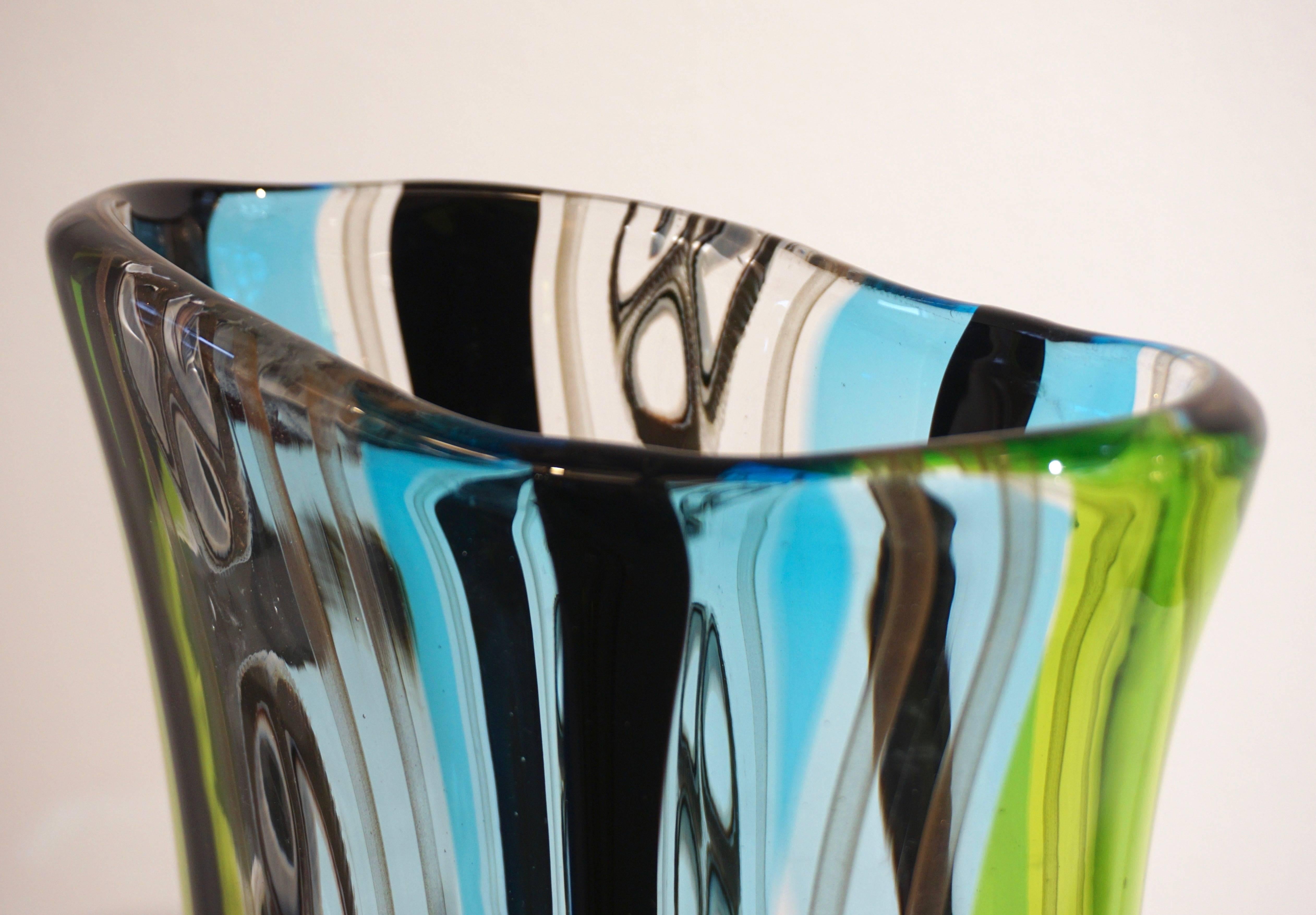 Late 20th Century Afro Celotto 1990 Black Green Aqua Blue Crystal Murano Glass Tall Modern Vase