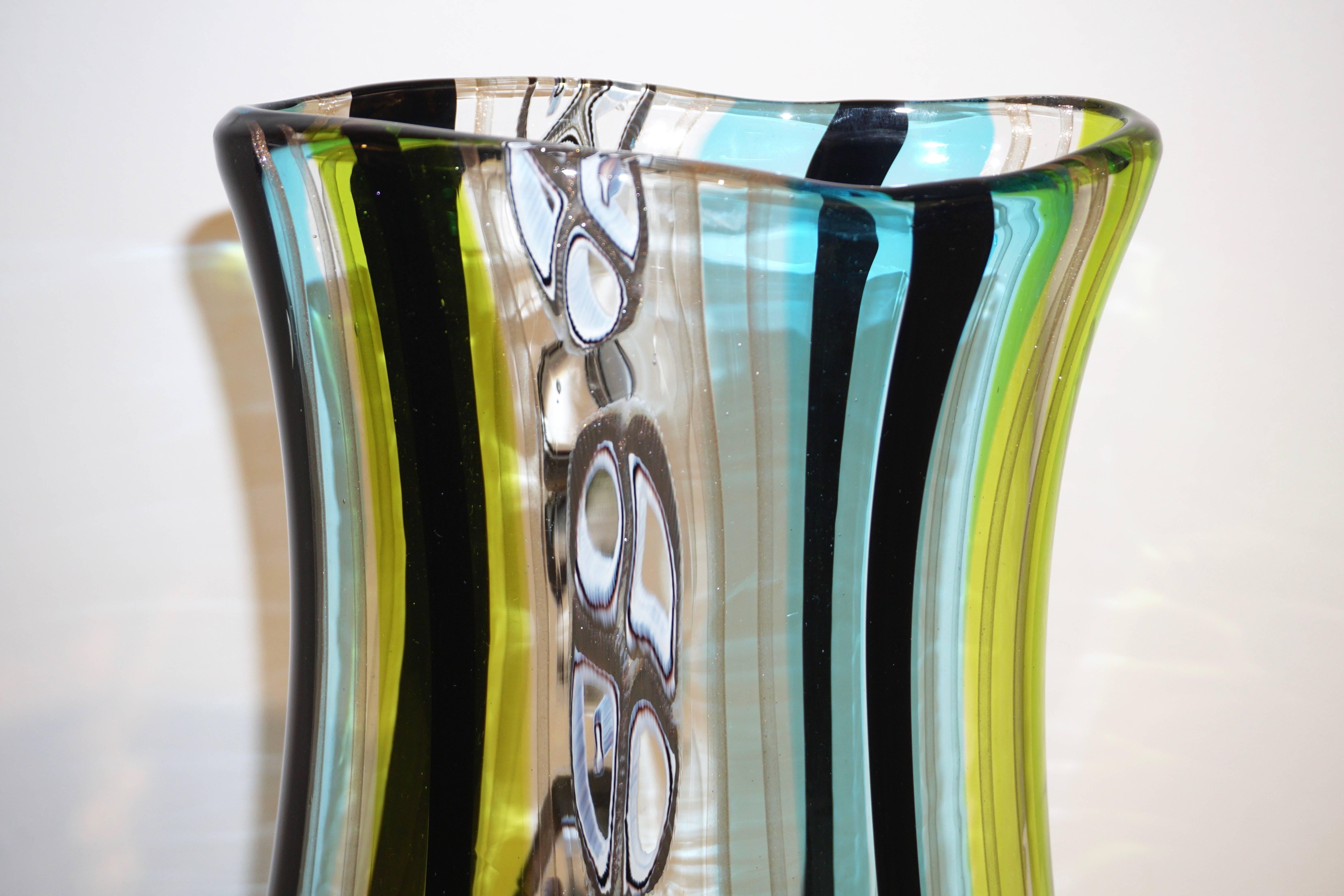 Afro Celotto 1990 Black Green Aqua Blue Crystal Murano Glass Tall Modern Vase 1