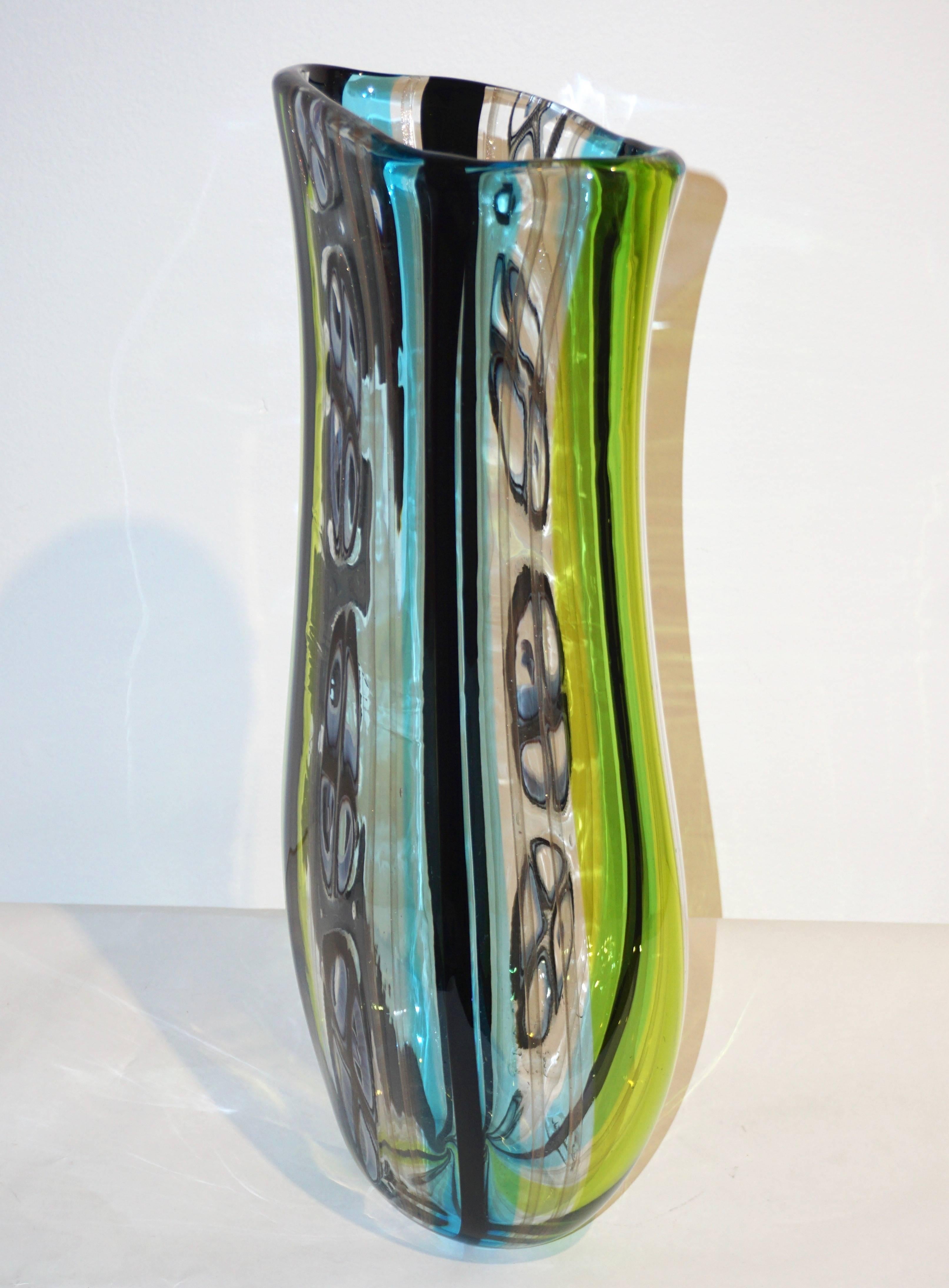 Afro Celotto 1990 Black Green Aqua Blue Crystal Murano Glass Tall Modern Vase 2