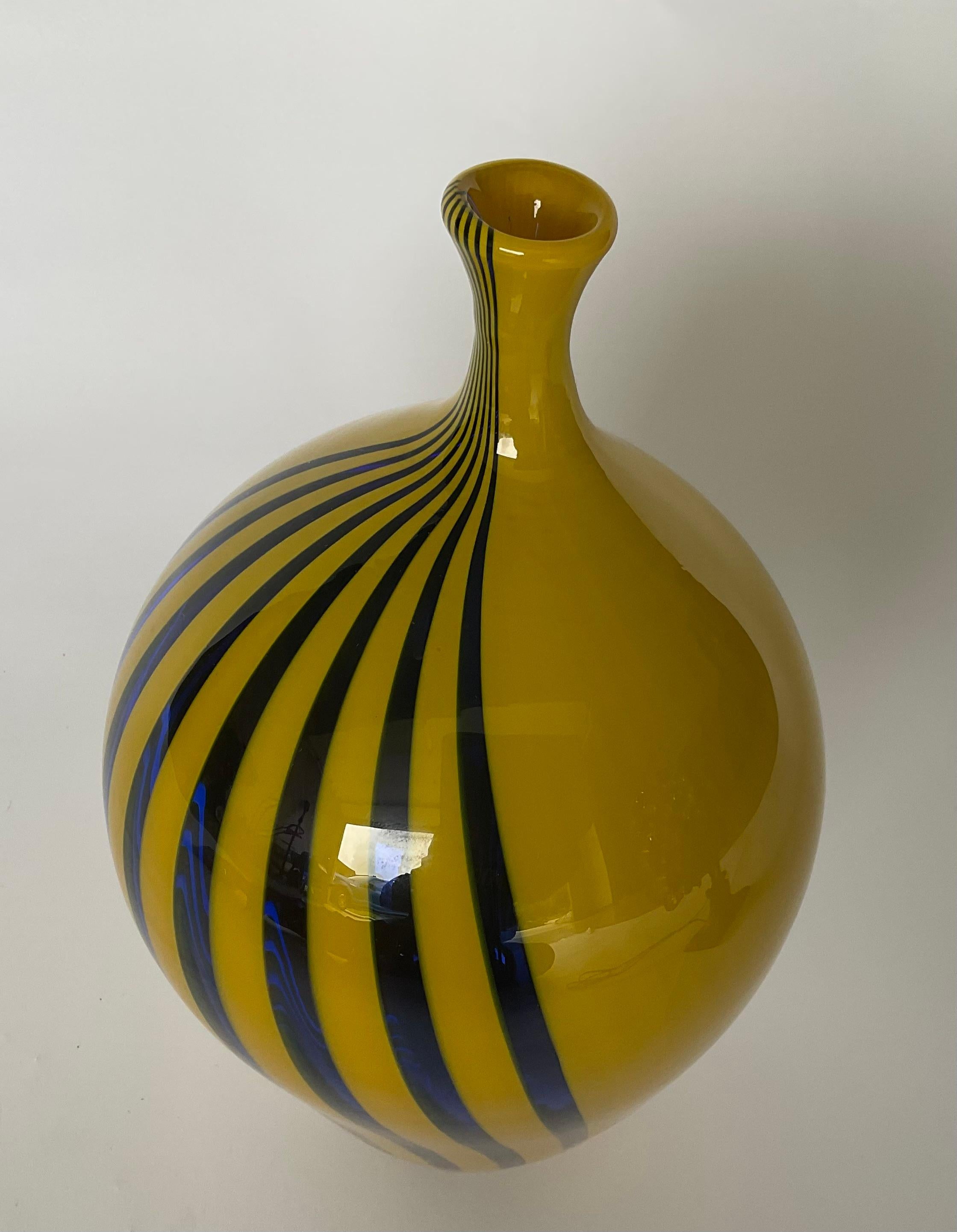 Contemporary Afro Celotto Artist Signed Studio Murano Art Glass Vase in blue and yellow  For Sale