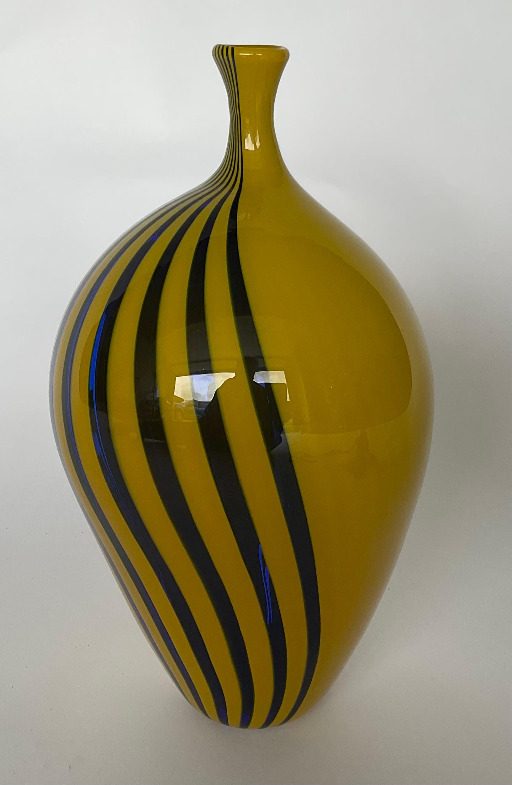Blown Glass Afro Celotto Artist Signed Studio Murano Art Glass Vase in blue and yellow  For Sale