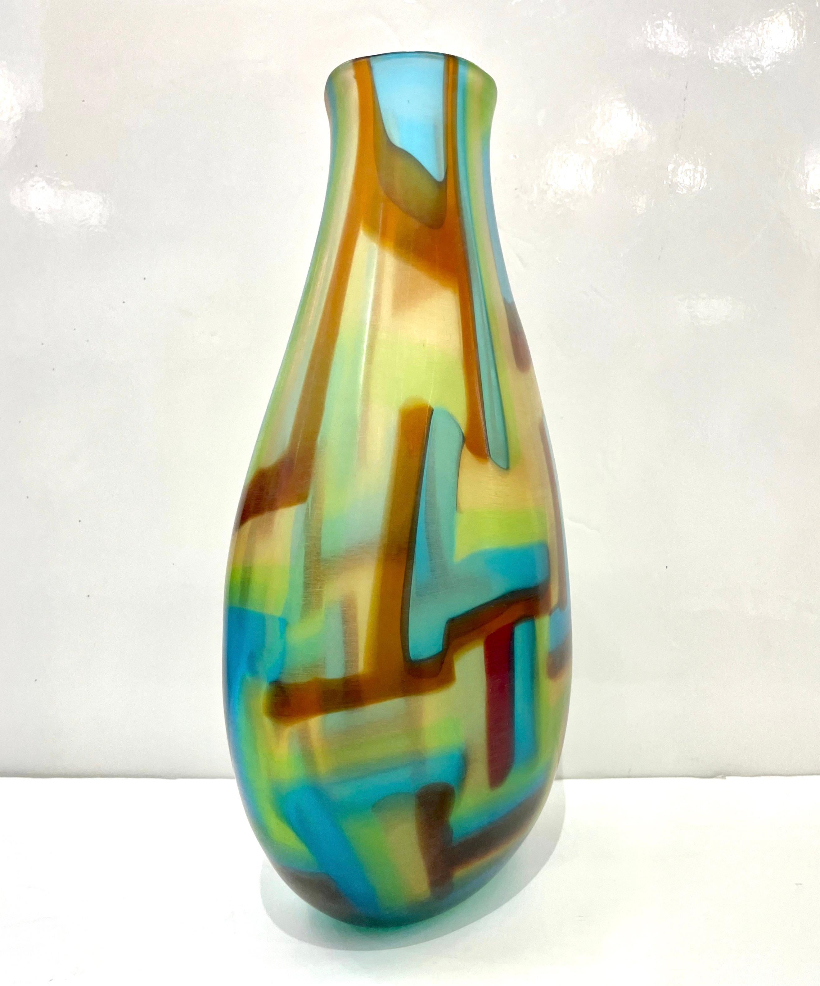 Afro Celotto Early 2000s Italian Turquoise Yellow Green Amber Murano Glass Vase For Sale 2